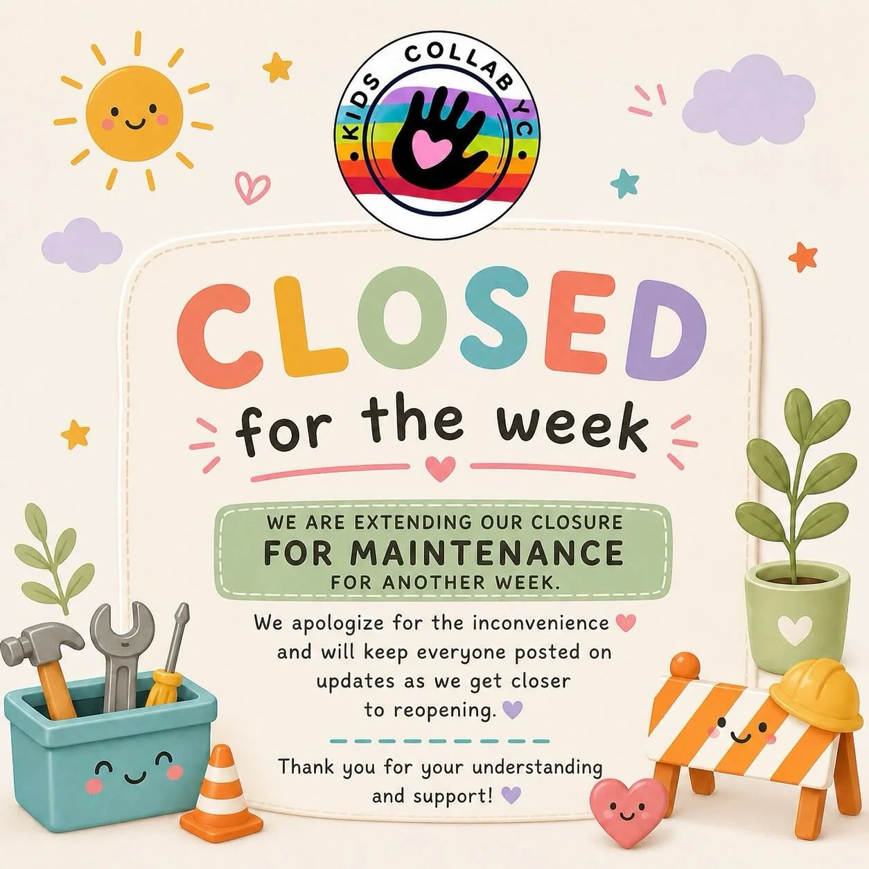 We promise we didn&rsquo;t forget about you 💛
We&rsquo;re extending our closure for one more week to finish up maintenance and make sure everything is just right for our little ones ✨🛠️
We know it&rsquo;s not the most fun news, and we truly appreci