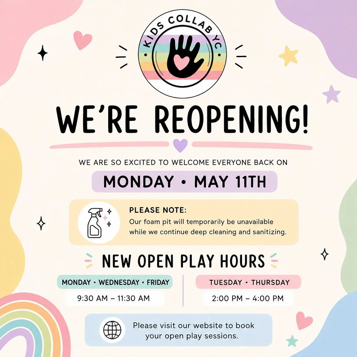 The wait is over&hellip; Kids Collab YC is BACK! ✨🌈
We&rsquo;re reopening Monday, May 11th with updated open play hours and lots of freshly cleaned fun waiting for you. 🫧
(Our foam pit is still getting its spa treatment 😉)
Book your open play sess