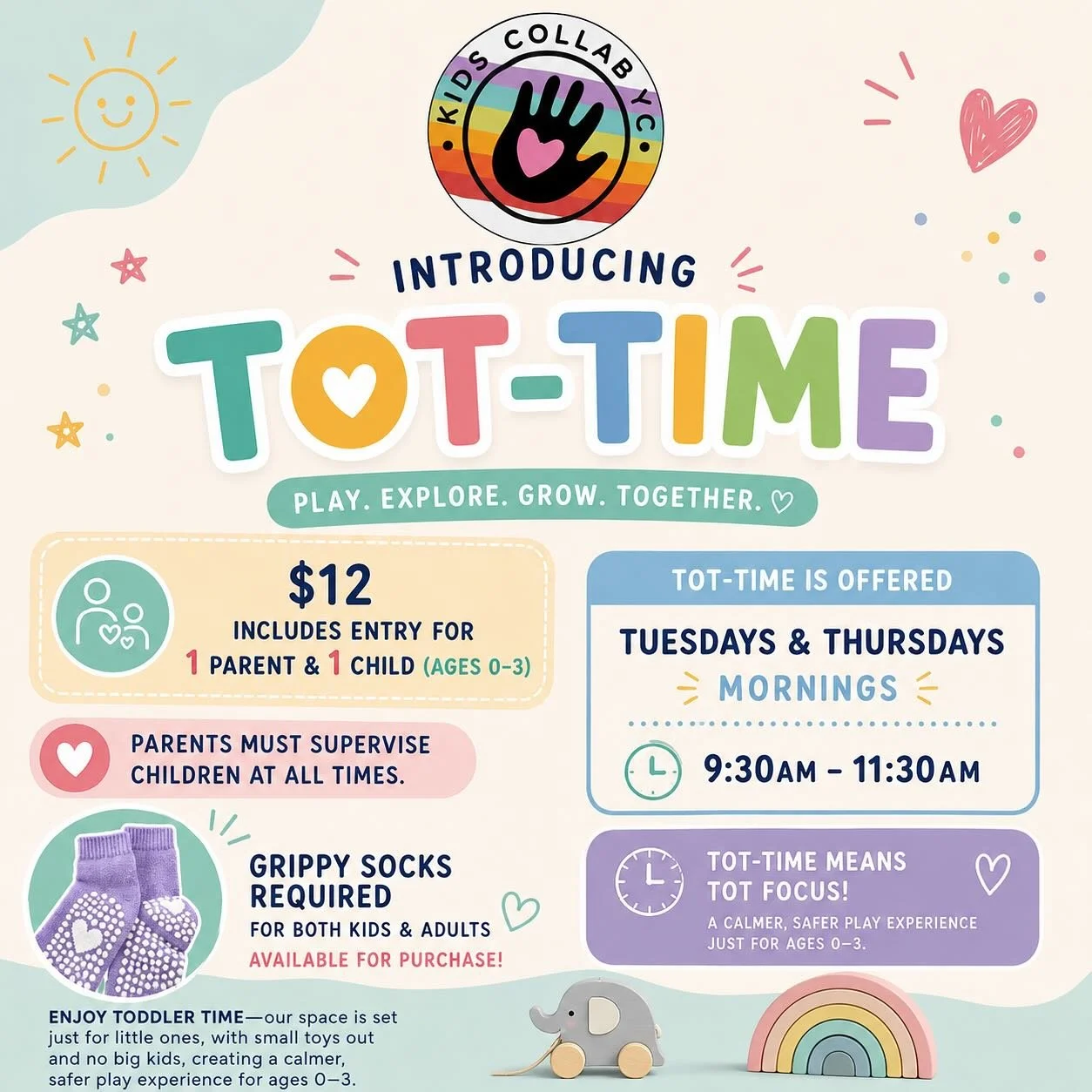 Tiny toes, big adventures 💛🌈
Introducing Tot-Time at Kids Collab YC! A calm, safe play experience designed just for ages 0&ndash;3! Enjoy a quieter space with toddler-sized toys, no big kids, and plenty of room to play, explore, and grow together.
