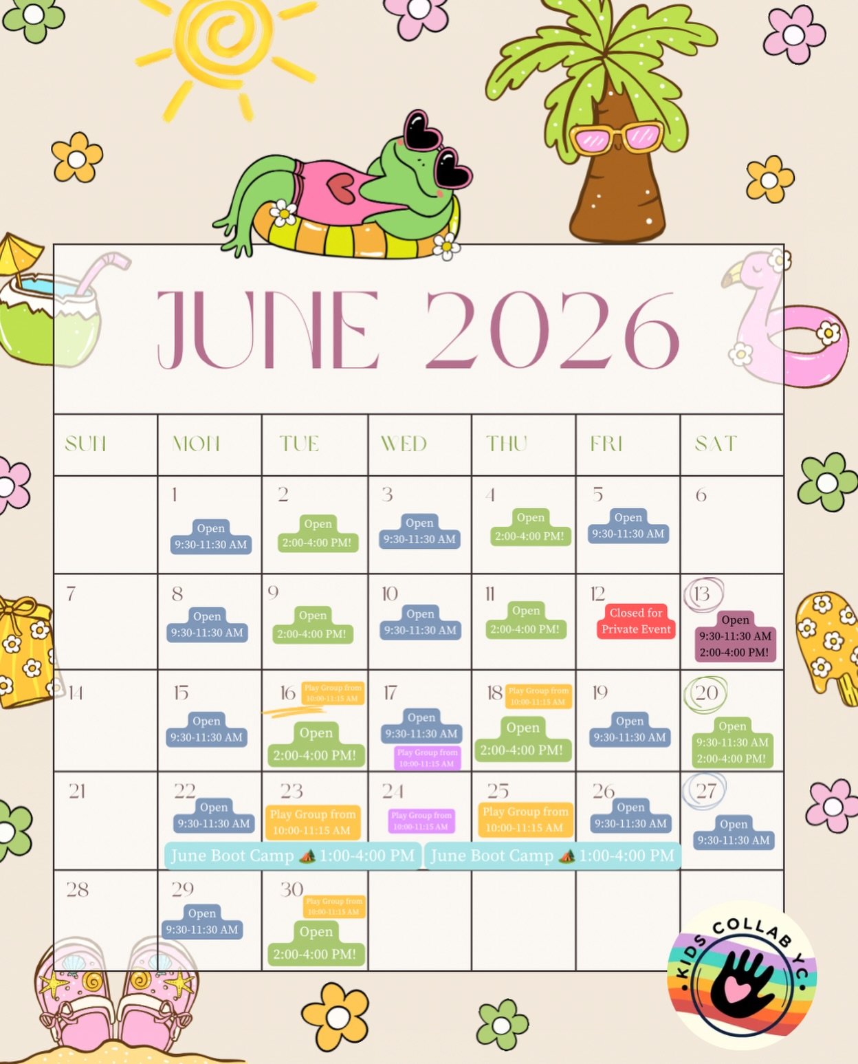June is full of fun at Kids Collab! ☀️🧸

Our Open Play hours are open to the public for children ages 0&ndash;7 and their caregivers. Come climb, pretend, explore, and enjoy our sensory-friendly space!

Open Play Hours:
Monday, Wednesday &amp; Frida