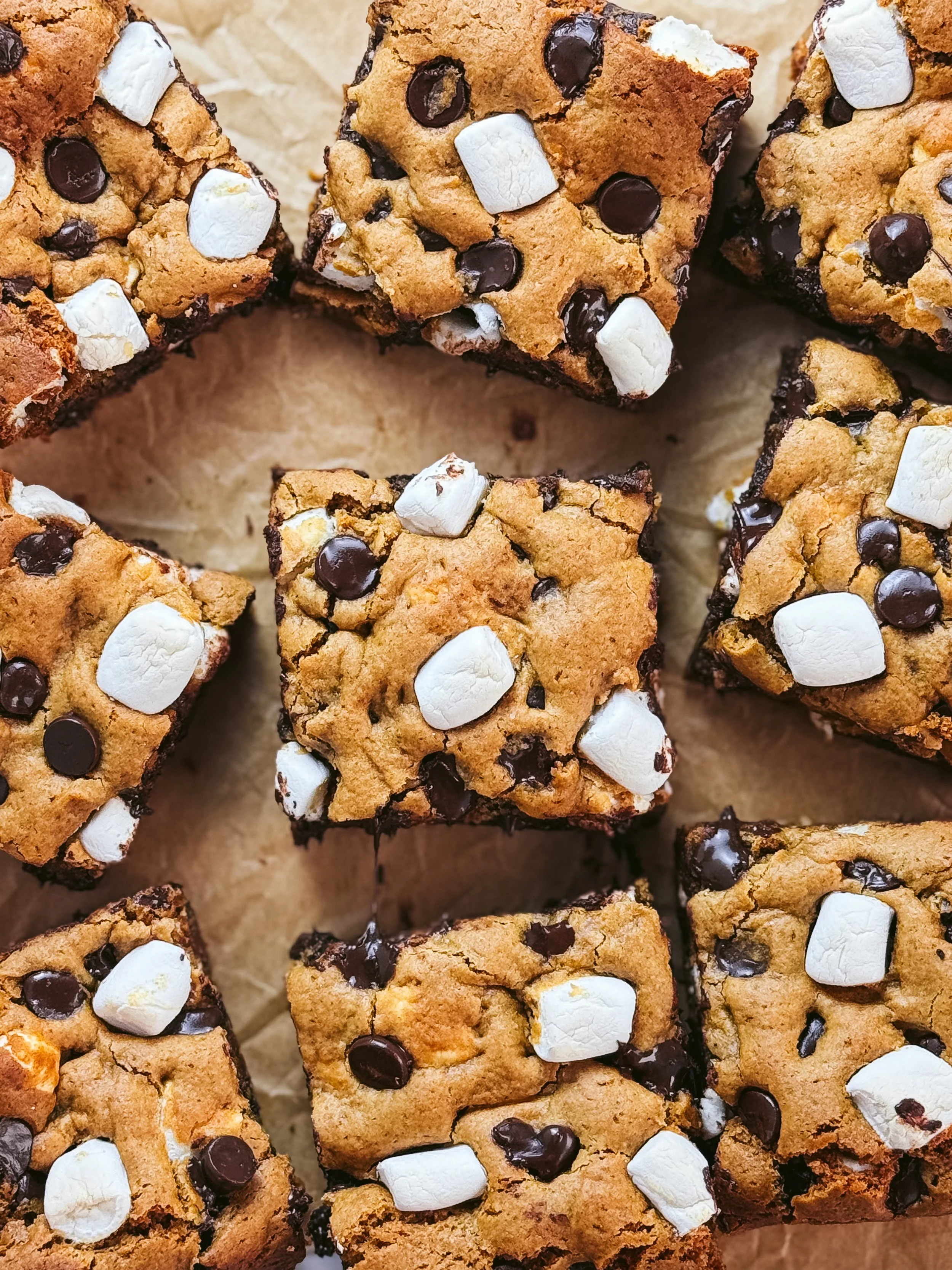 Individual peanut butter blondie squares arranged on parchment with chocolate chips and marshmallows on top