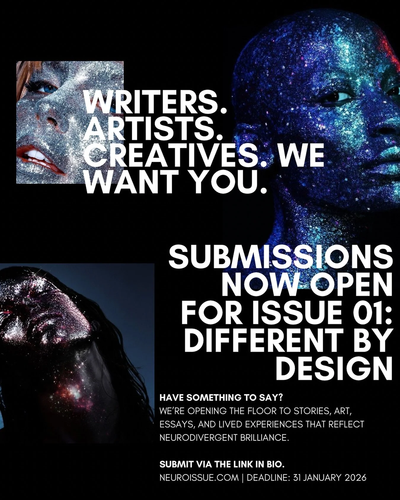 What if difference was the blueprint?
✨ ISSUE 01: DIFFERENT BY DESIGN ✨
NEUROISSUE is opening submissions for our debut issue, a celebration of creative minds, lived experiences, and neurodivergent brilliance.

We&rsquo;re looking for:
🖋️ Stories, e