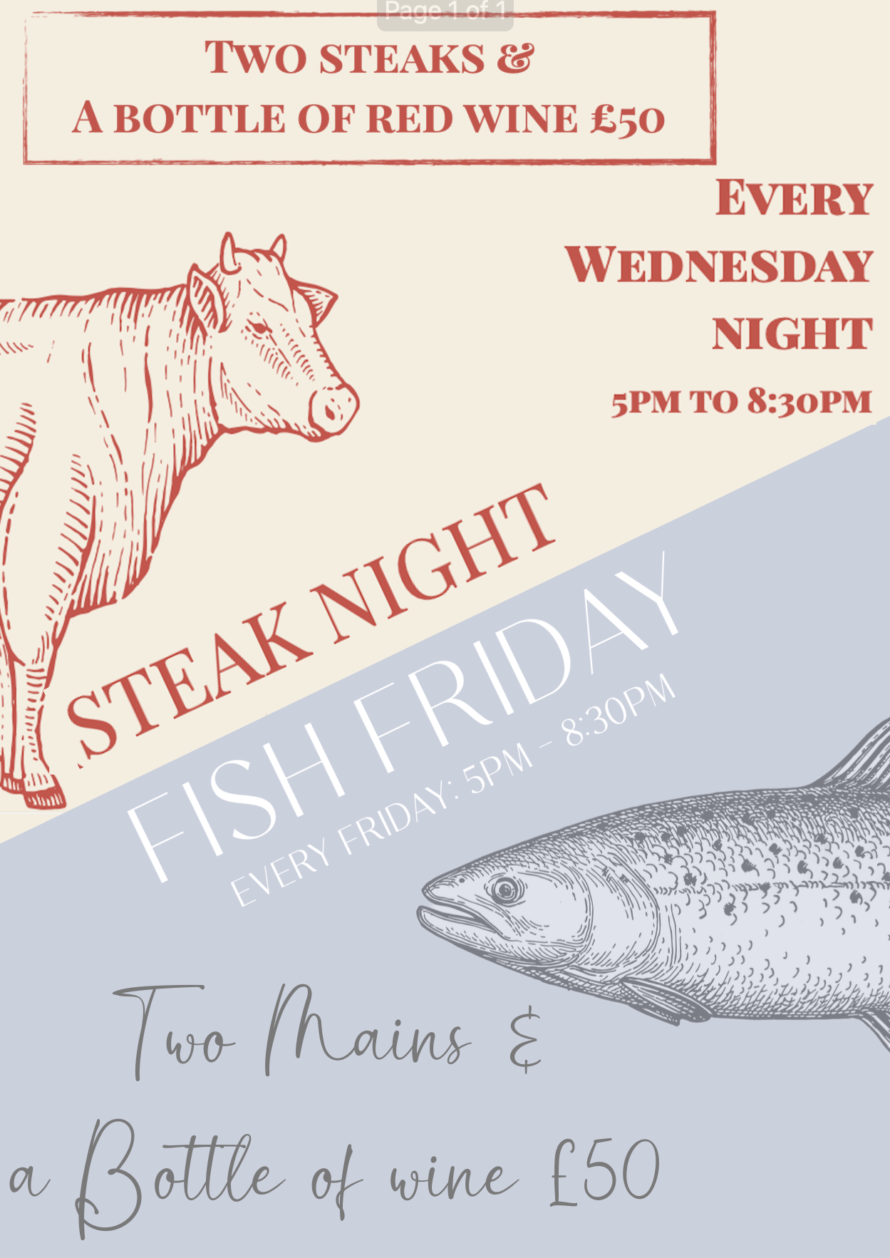 A promotional poster for a weekly steak and fish night at a restaurant. The poster features illustrations of a cow and a fish, with details about the events, including prices and timing.