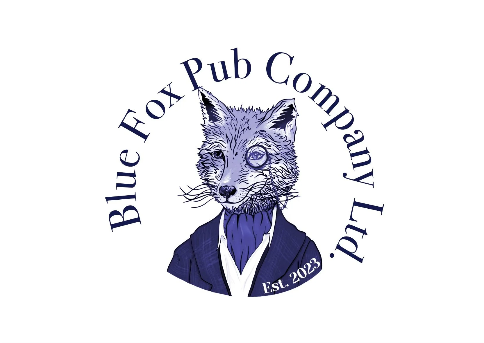 Logo for Blue Fox Pub Company featuring an anthropomorphic fox with a monocle wearing a suit and tie, encircled by the text 'Blue Fox Pub Company' and 'Est. 2023'.