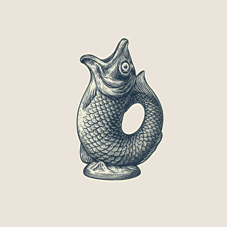 A detailed black and white drawing of a fish-shaped pitcher with scales, fins, and an open mouth, set against a plain background.