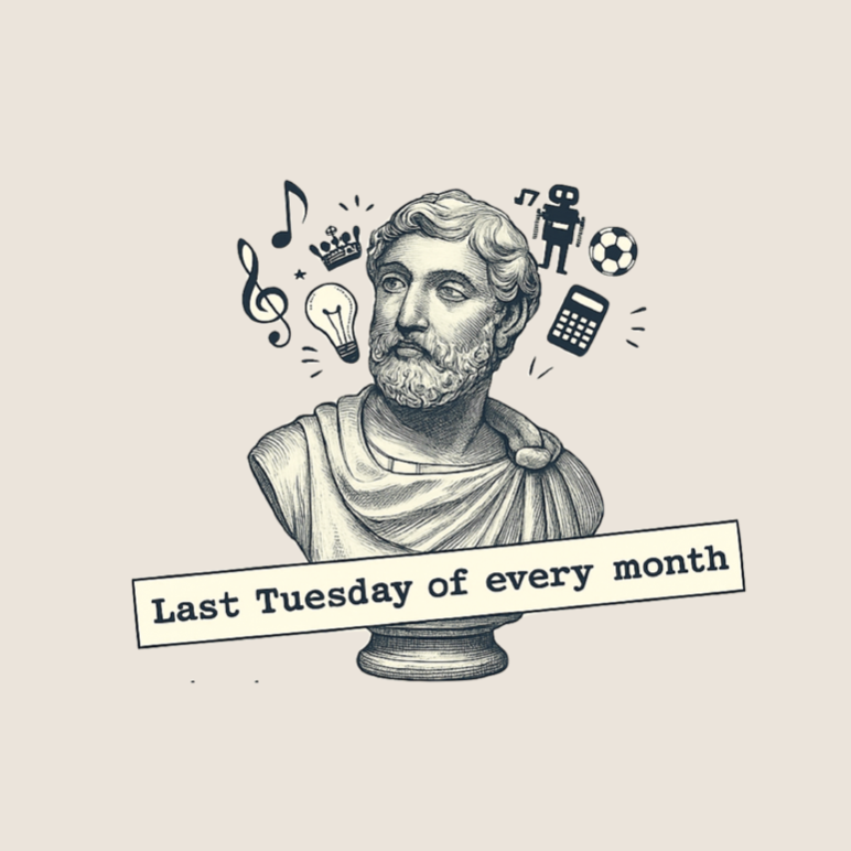 Illustration of a classical bust with a modern cartoon-like head, surrounded by music notes, a light bulb, a crown, a phone, a robot, and a soccer ball, with a label reading 'Last Tuesday of every month'.