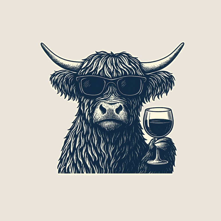 Illustration of a highland cow wearing sunglasses, holding a glass of red wine.