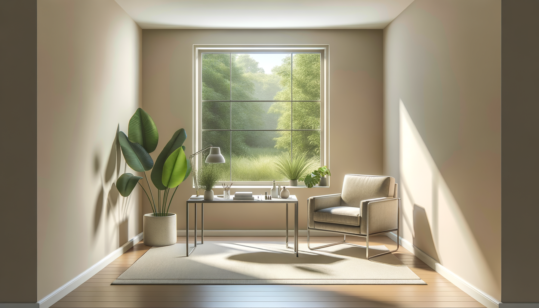 A cozy, minimalist room with a large window overlooking a lush, green outdoor landscape. The room features a beige armchair, a glass-top desk with decorative items, and potted plants including a large indoor plant and smaller greenery. Sunlight streams through the window, casting shadows on the light-colored walls and wooden floor.