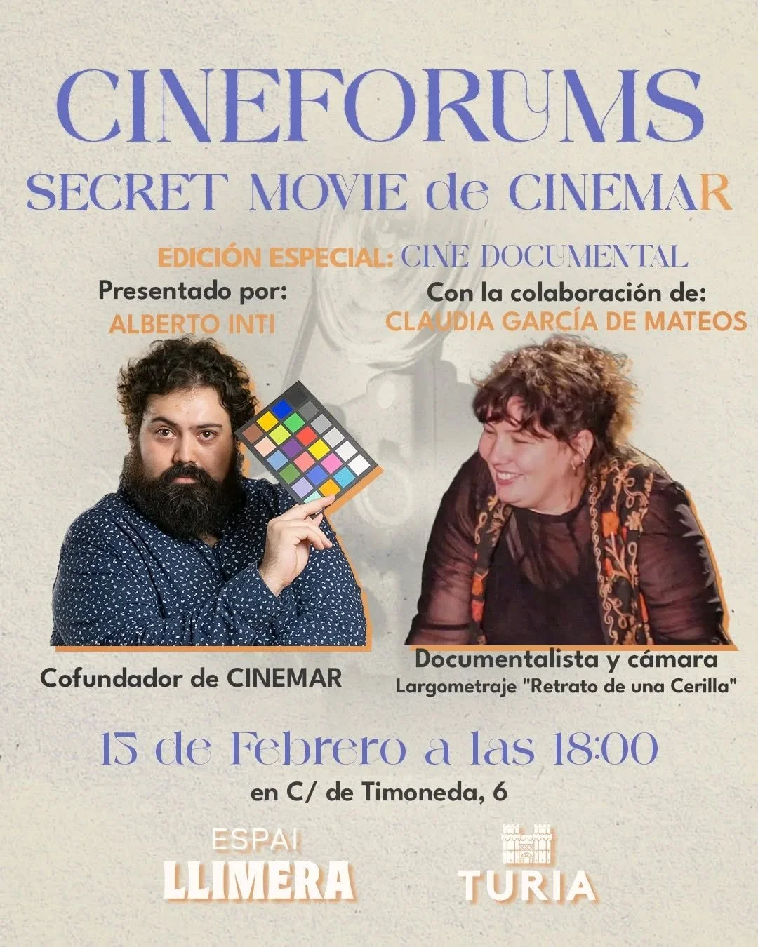 Estrenamos nueva temporada del Cinef&oacute;rum Secret Movie de Cinemar! 🎬✨️

Este domingo 15 de febrero a las 18:00hrs tienes una cita en Espai Llimera!
El cineasta @inti_huatana abrir&aacute; la sesi&oacute;n de Cine Documental junto a la document