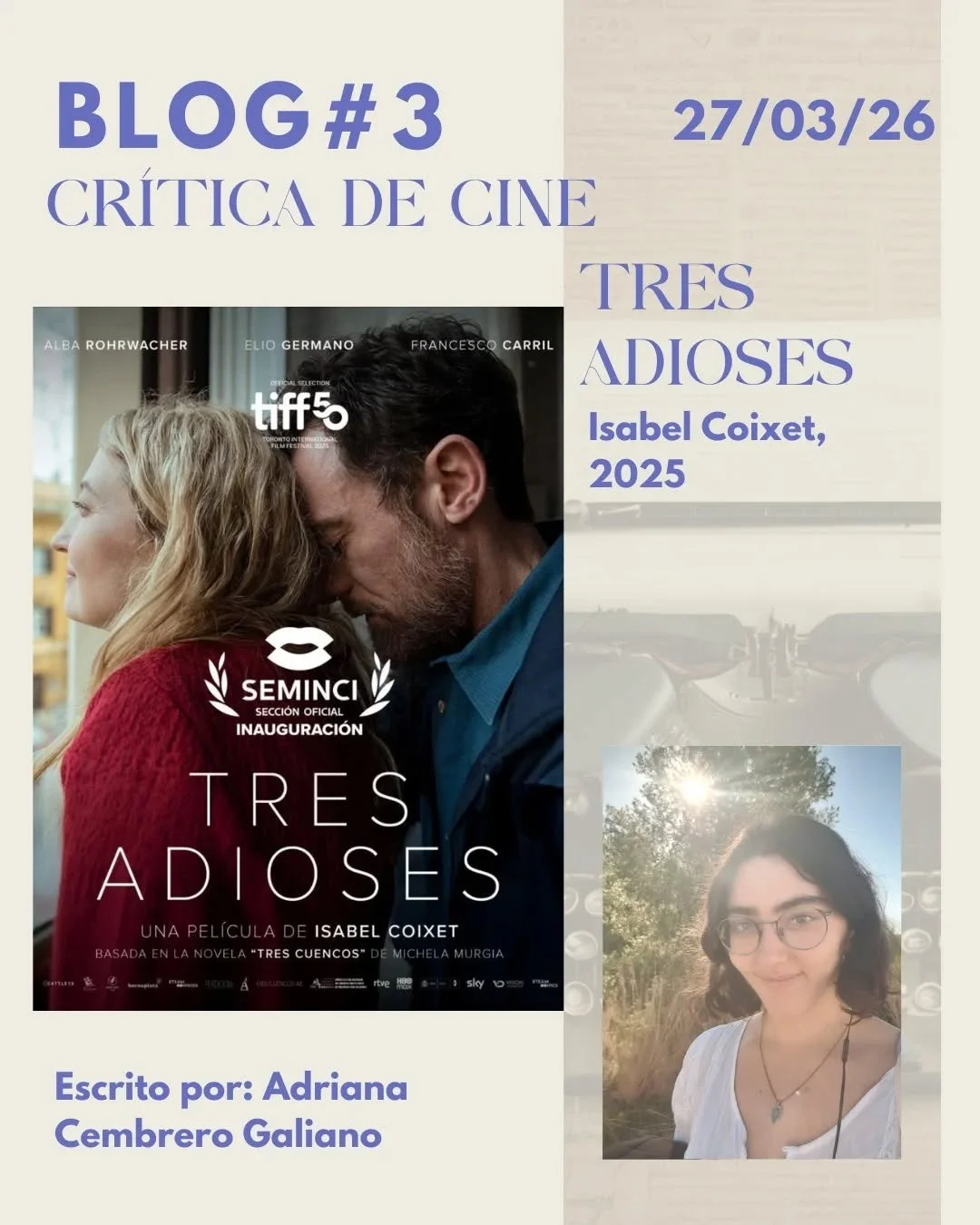 BLOG #3 de Cinemar ✨️

&iexcl;Tenemos nueva cr&iacute;tica en el blog de Cinemar! Esta semana hablamos de Tres adioses, la &uacute;ltima obra de Isabel Coixet, un relato &iacute;ntimo sobre las despedidas y la melancol&iacute;a, pero sobre todo, una 