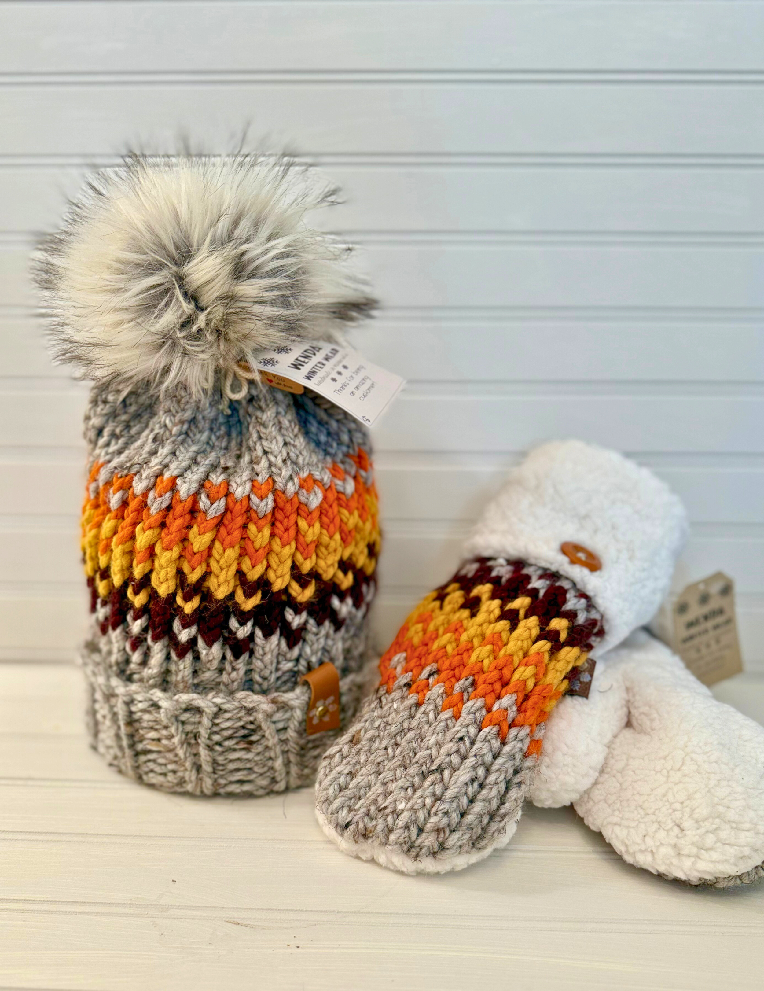 Handmade Hat & Mitten Set: Gray, Orange, Gold, & Maroon Tones