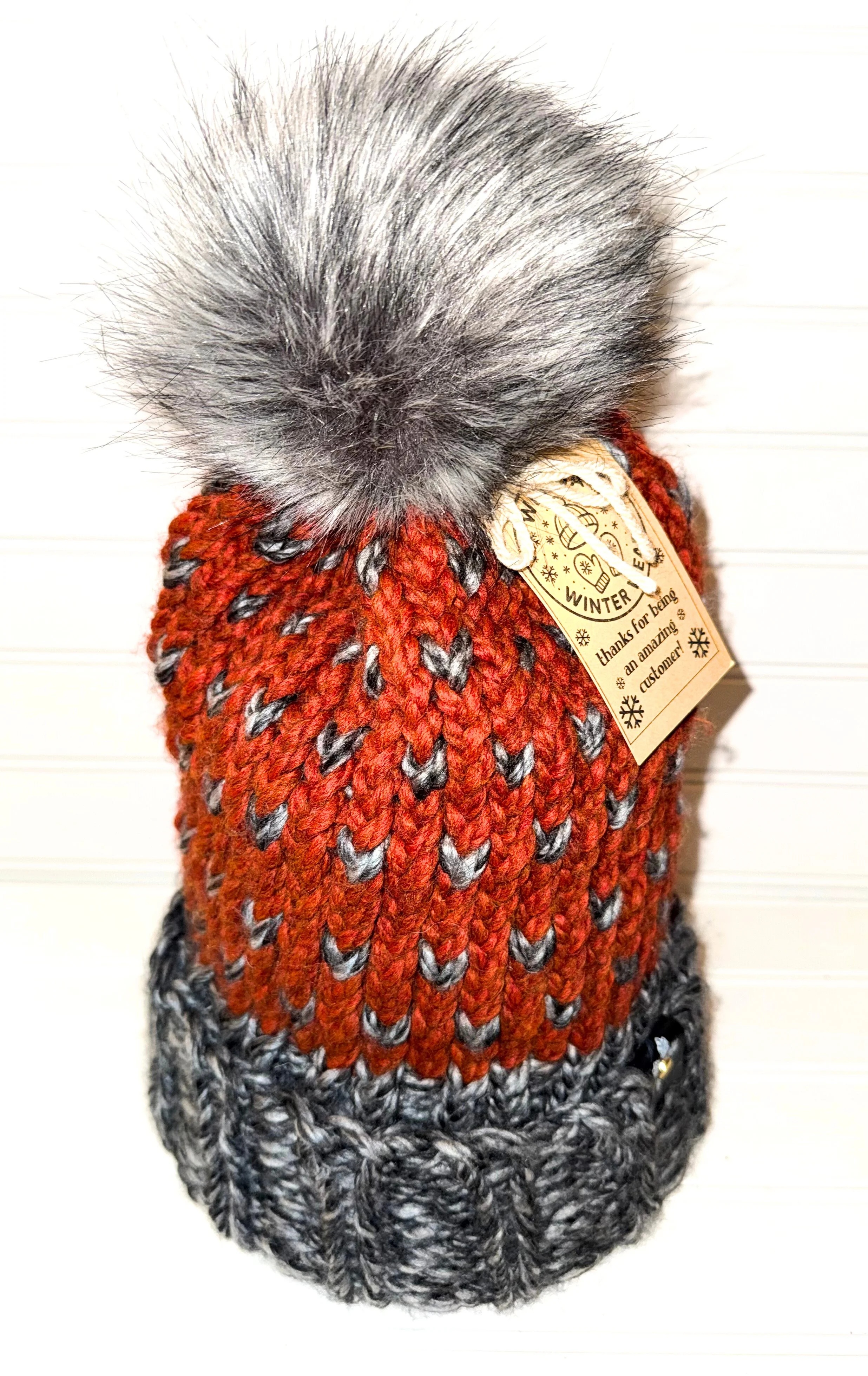 Rust and Gray Tiny Hearts (Fair Isle) Beanie with Faux Fur Pom-Pom Handmade
