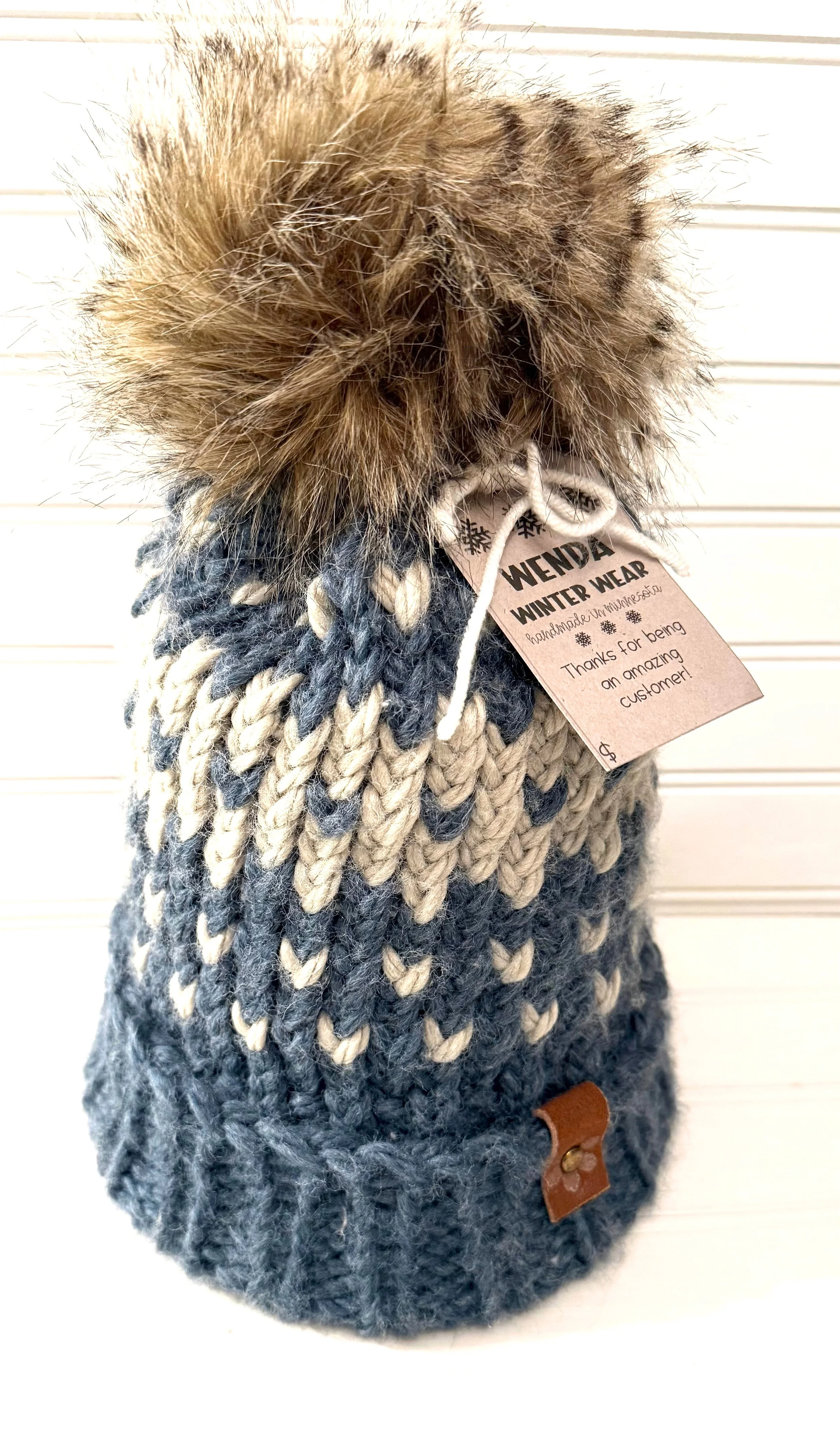 Blue, Gray, and Cream Tiny Hearts (Fair Isle) Beanie with Faux Fur Pom-Pom Handmade