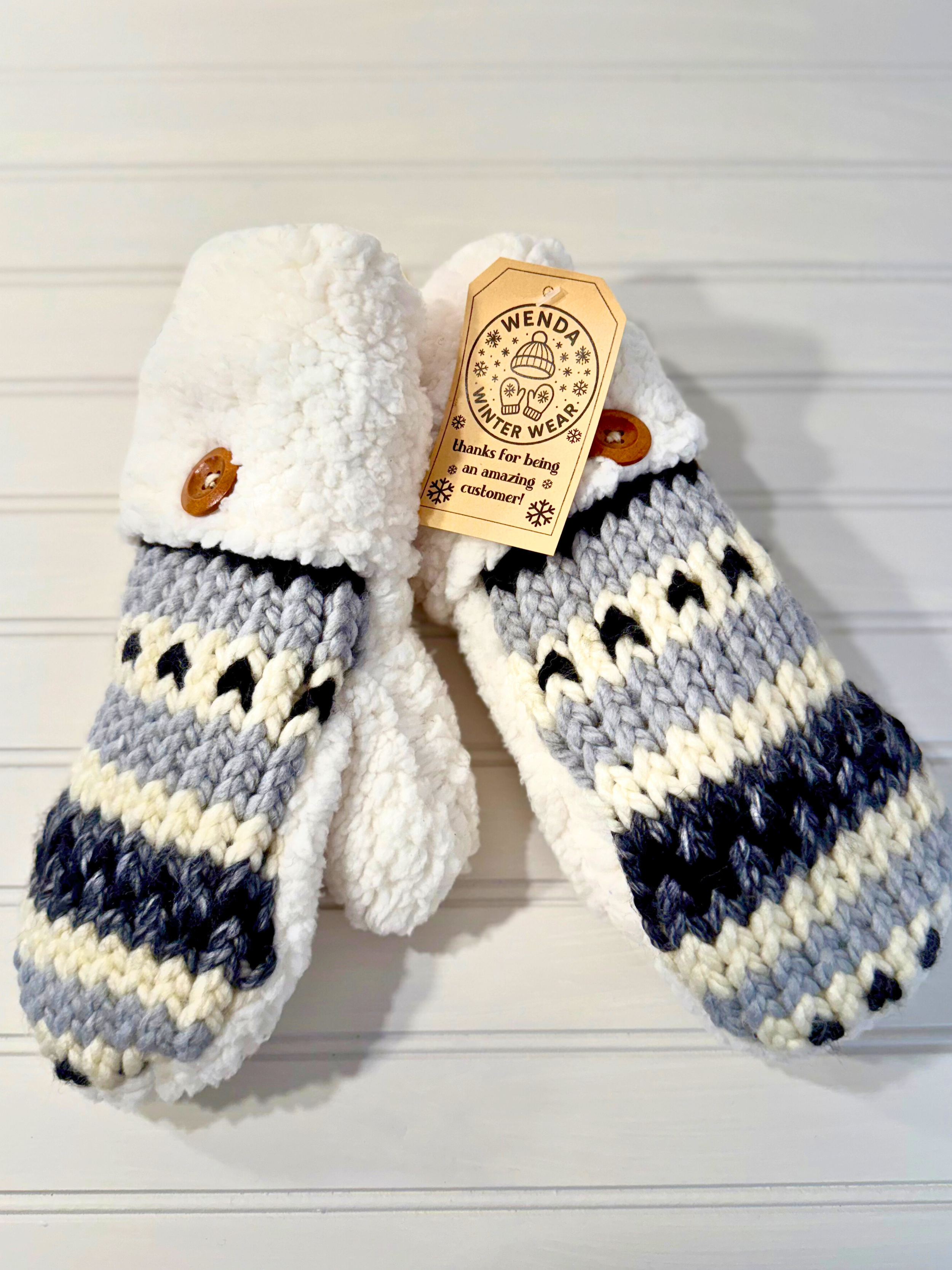 Handmade Knitted Mittens: Gray and White Tones