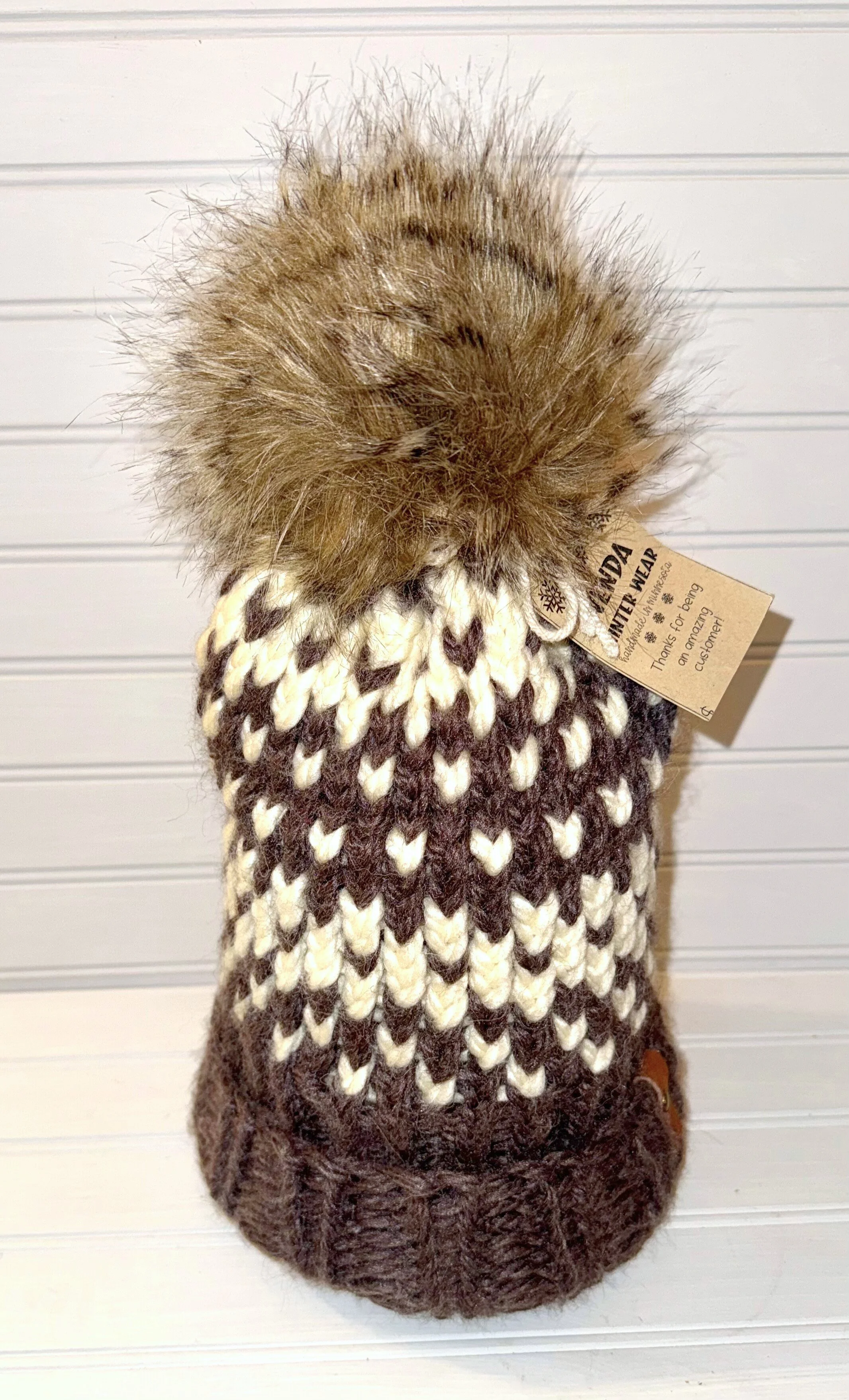 Brown and Cream Tiny Hearts (Fair Isle) Beanie with Faux Fur Pom Pom