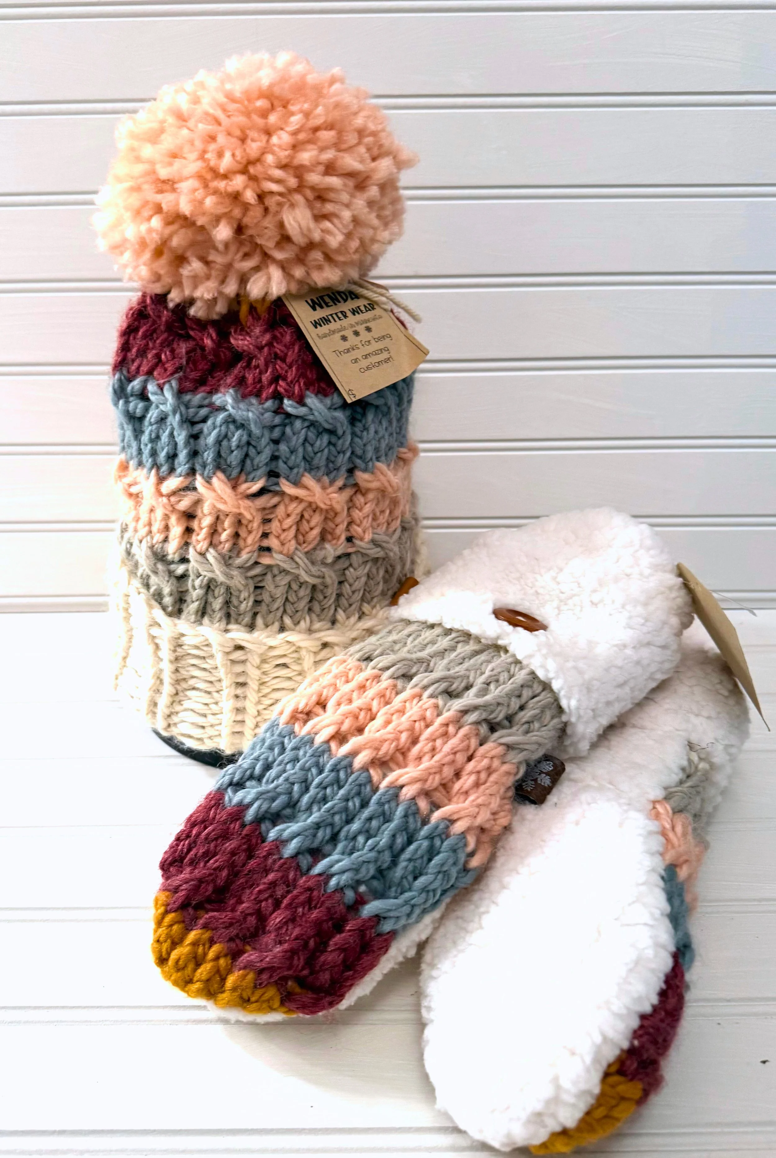 Handmade Beanie Pom-Pom Hat & Mitten Set: Maroon, Pink,  Blue, Green, and Cream Pattern