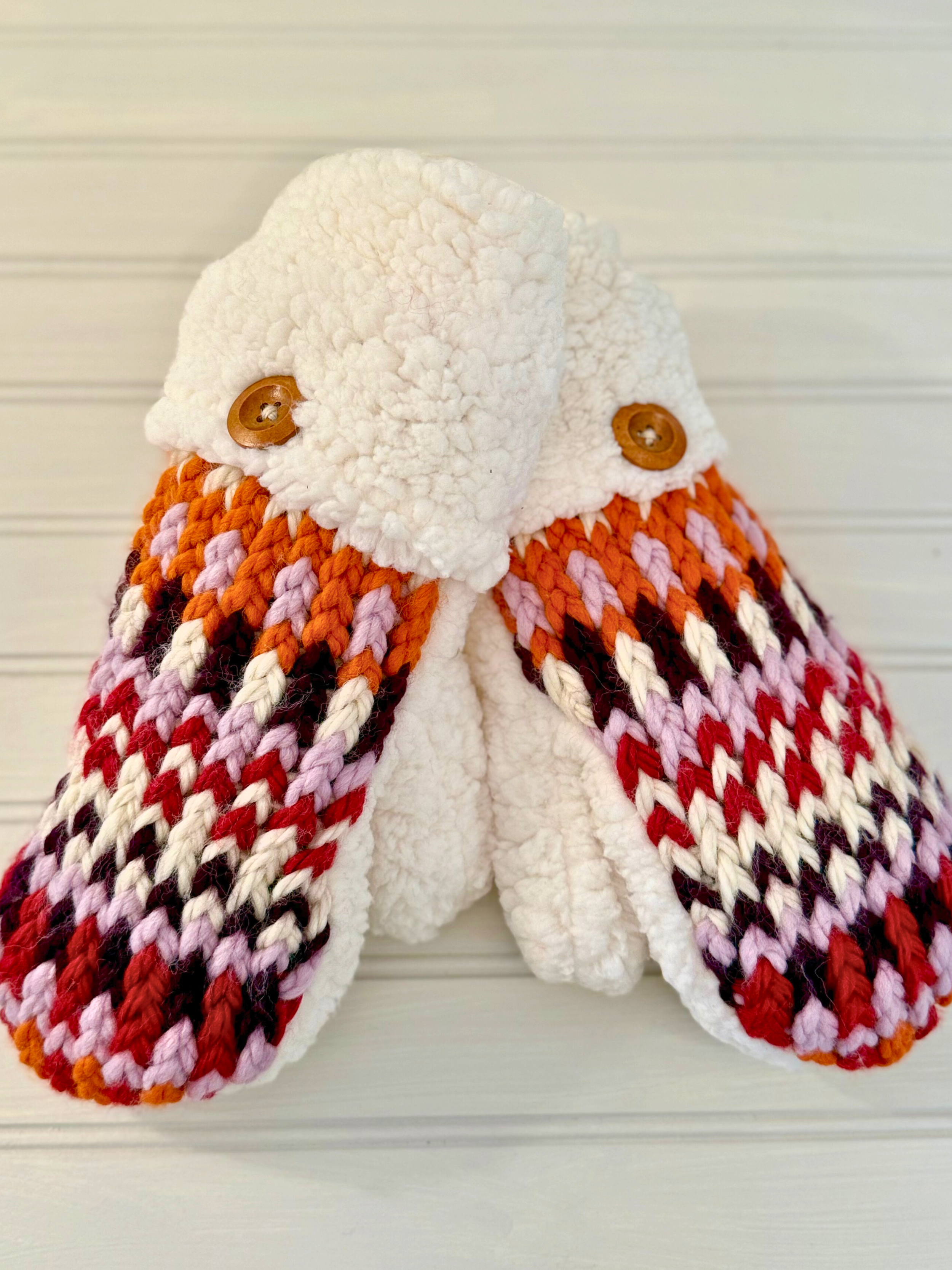 Handmade Knitted Mittens: Pink, Orange, and Purple Tones