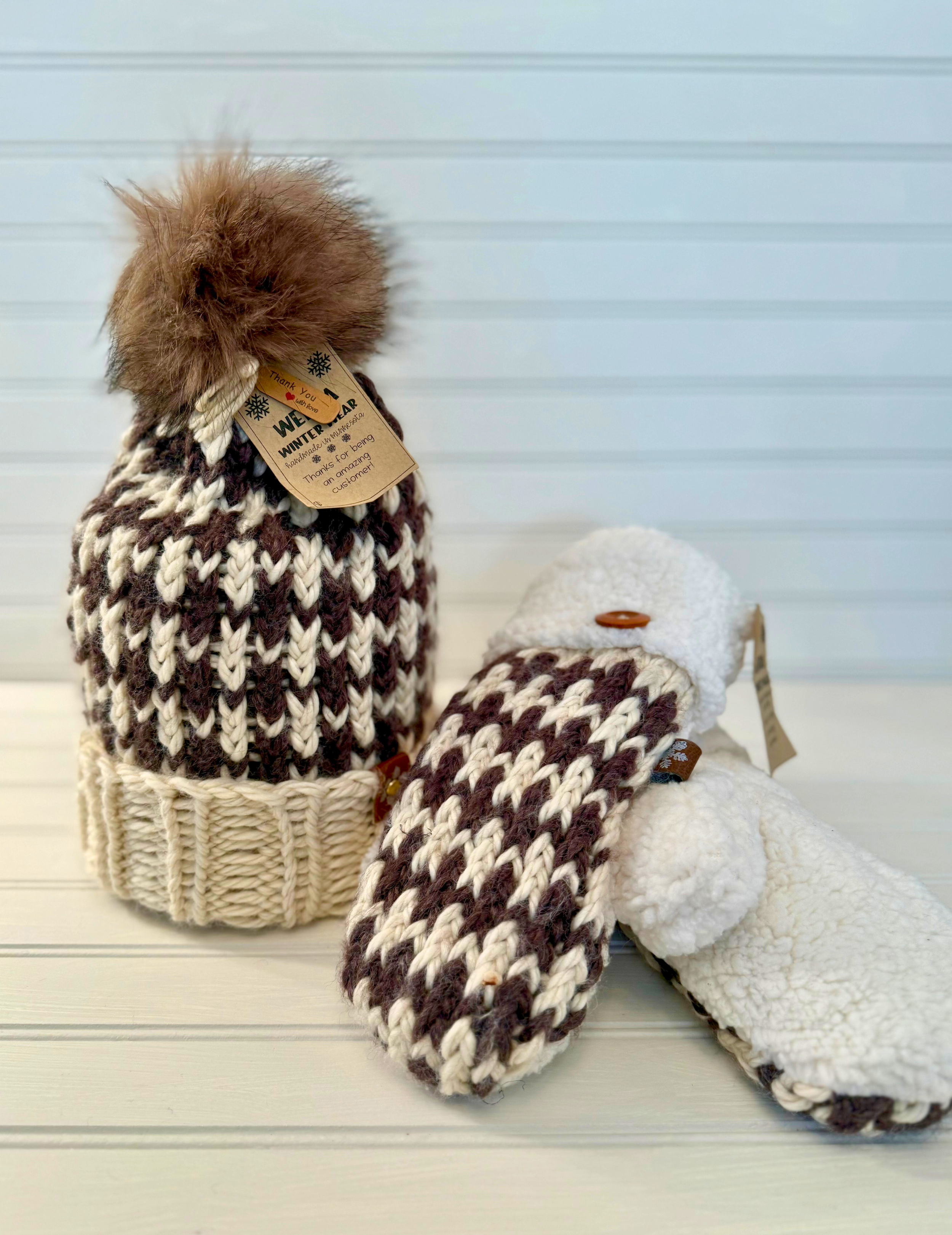 Handmade Hat & Mitten Set: Brown and Cream
