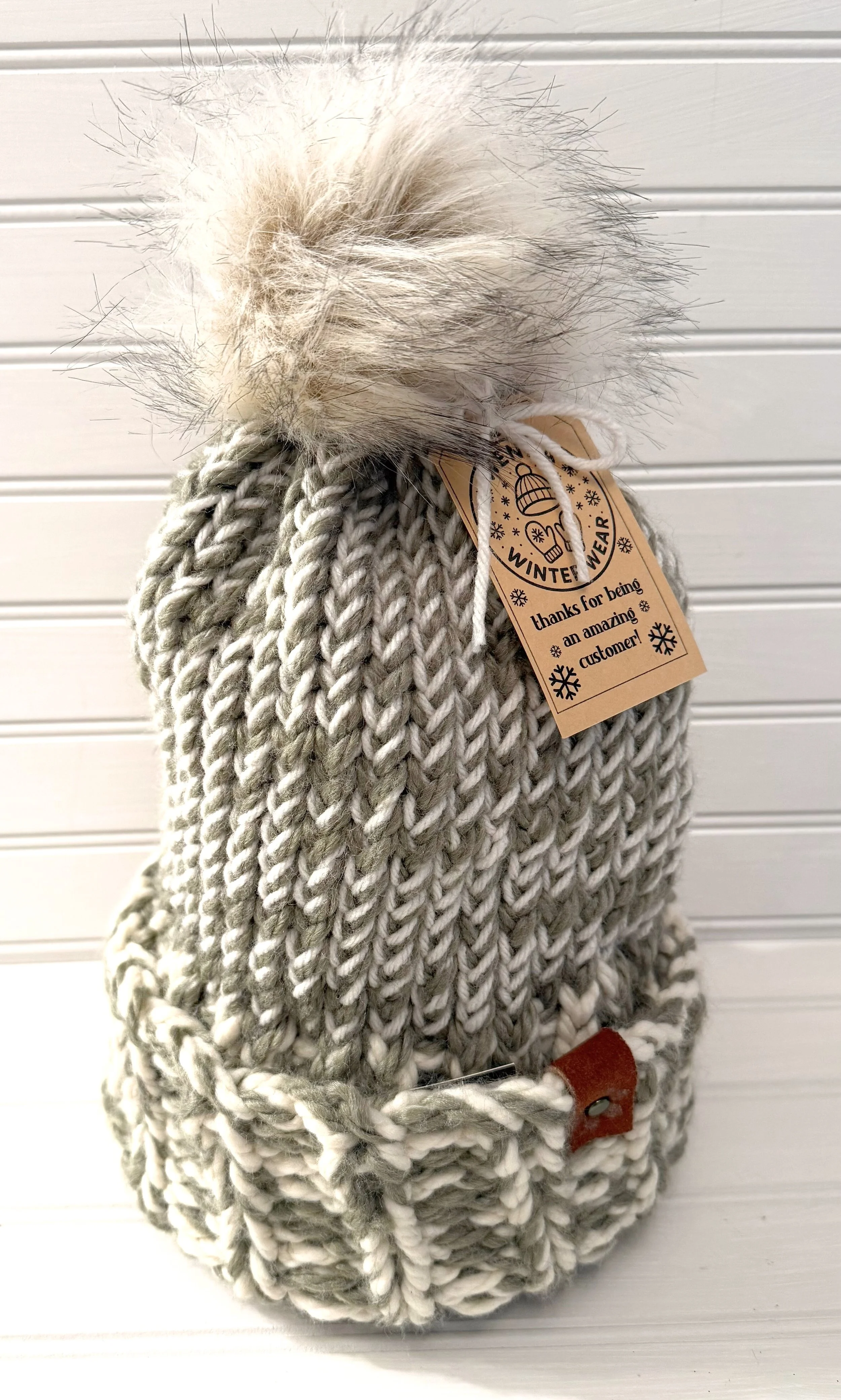 Thick Sage Green and Cream Beanie with Faux Fur Pom-Pom