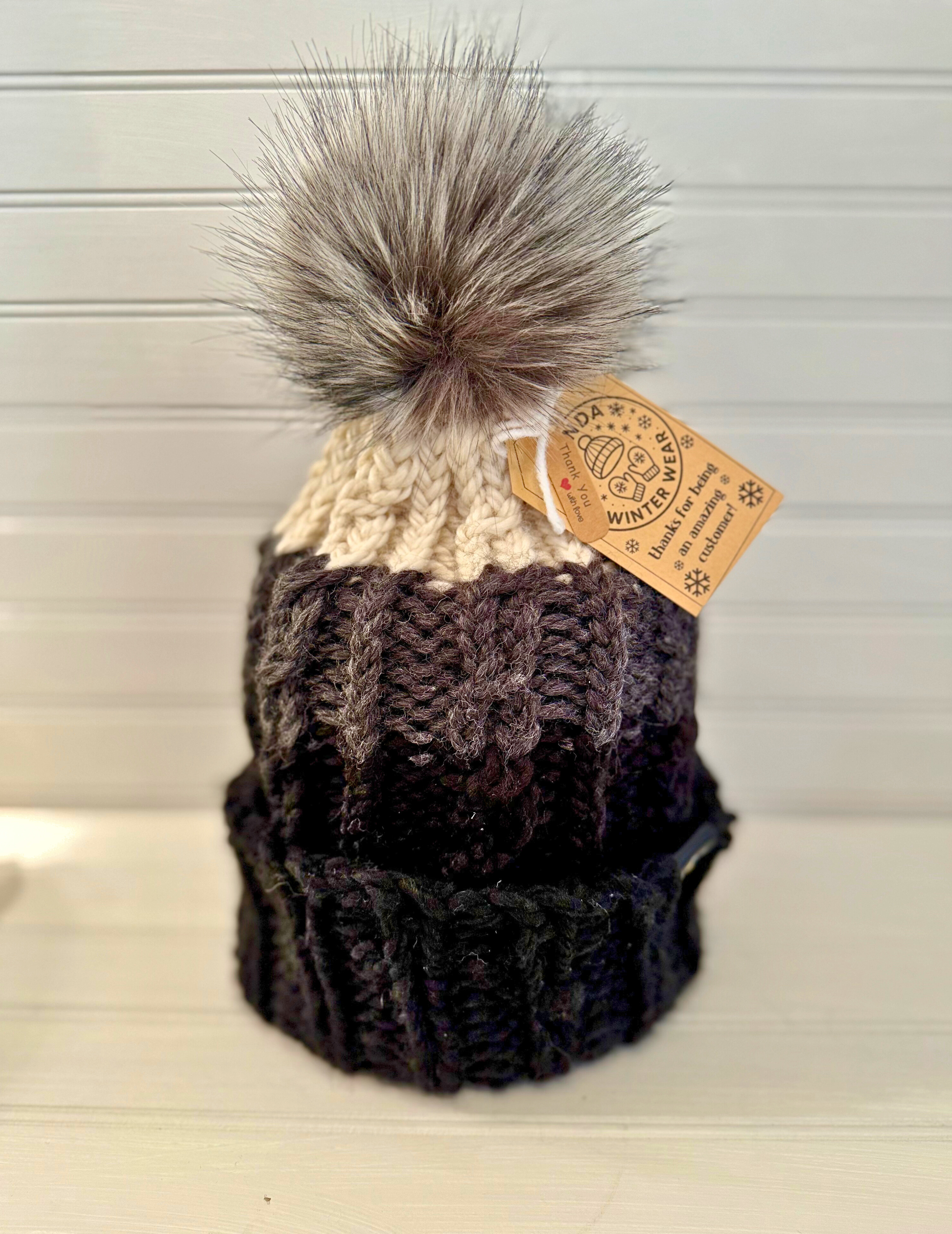Cozy Winter Handmade Hat: Cream, Gray, & Black