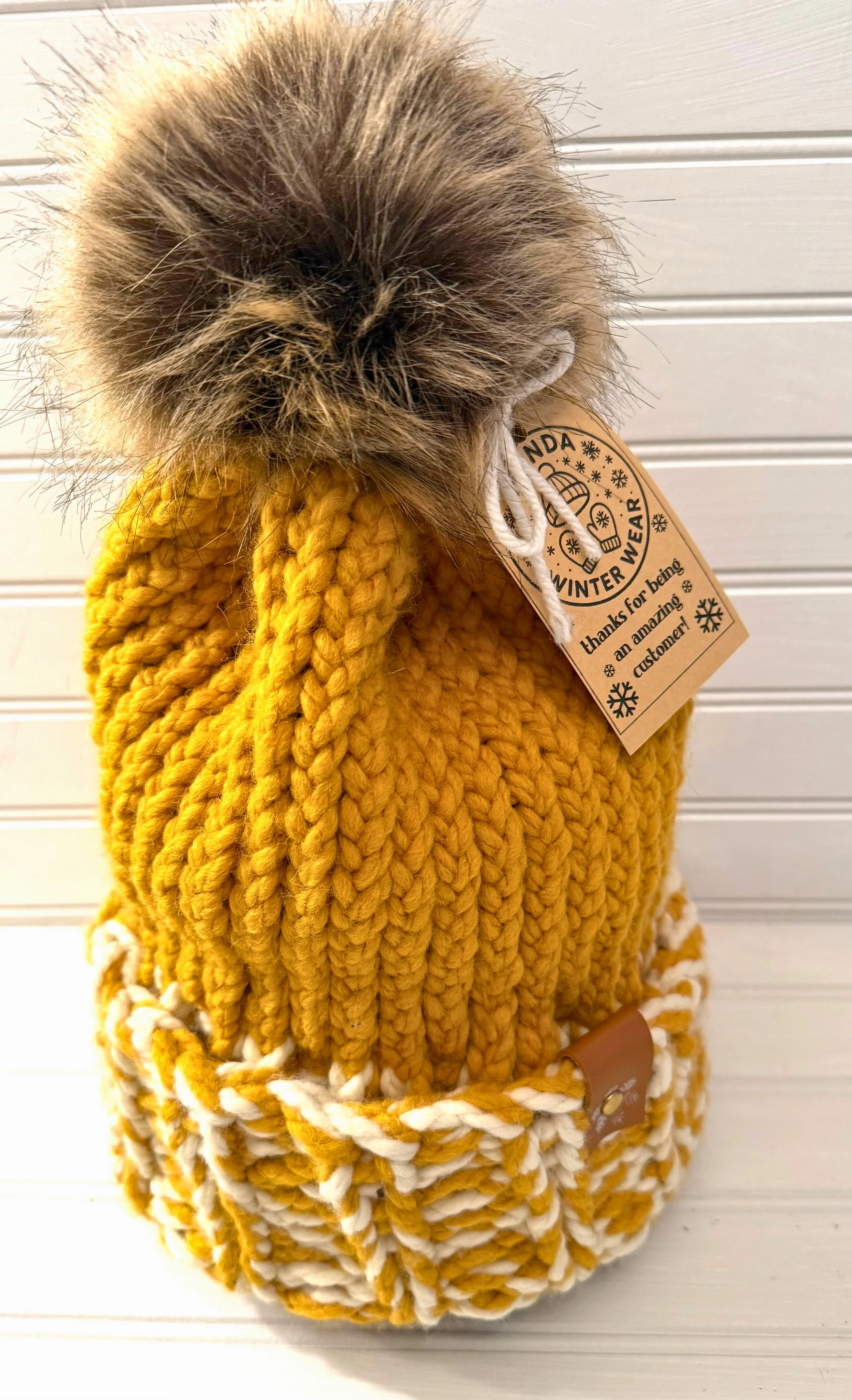 Thick Gold and Cream Beanie with Faux Fur Pom-Pom Handmade