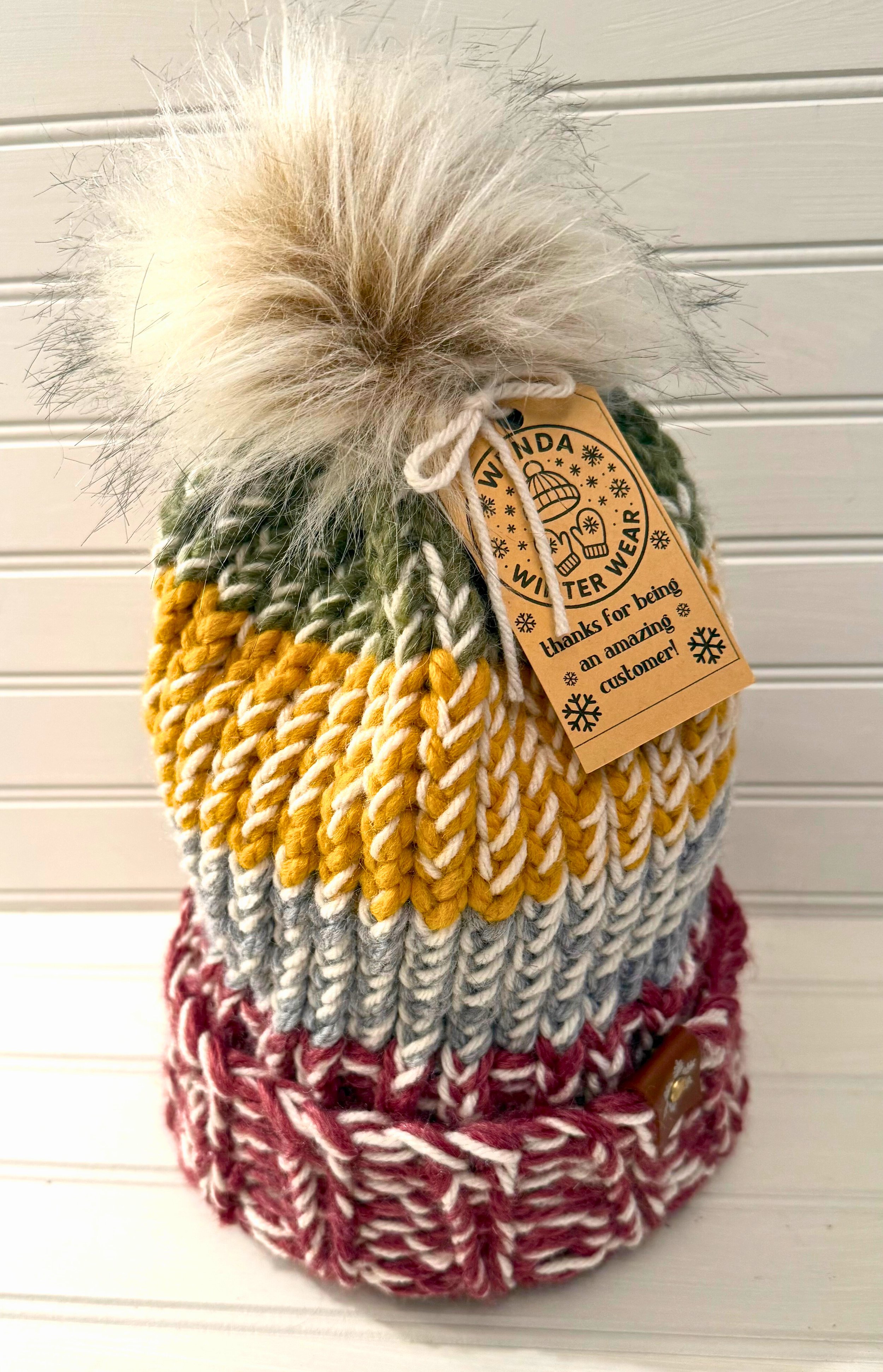 Thick Sage Green, Gold, Cream, Grey, and Maueve Beanie with Faux Fur Pom-Pom Handmade