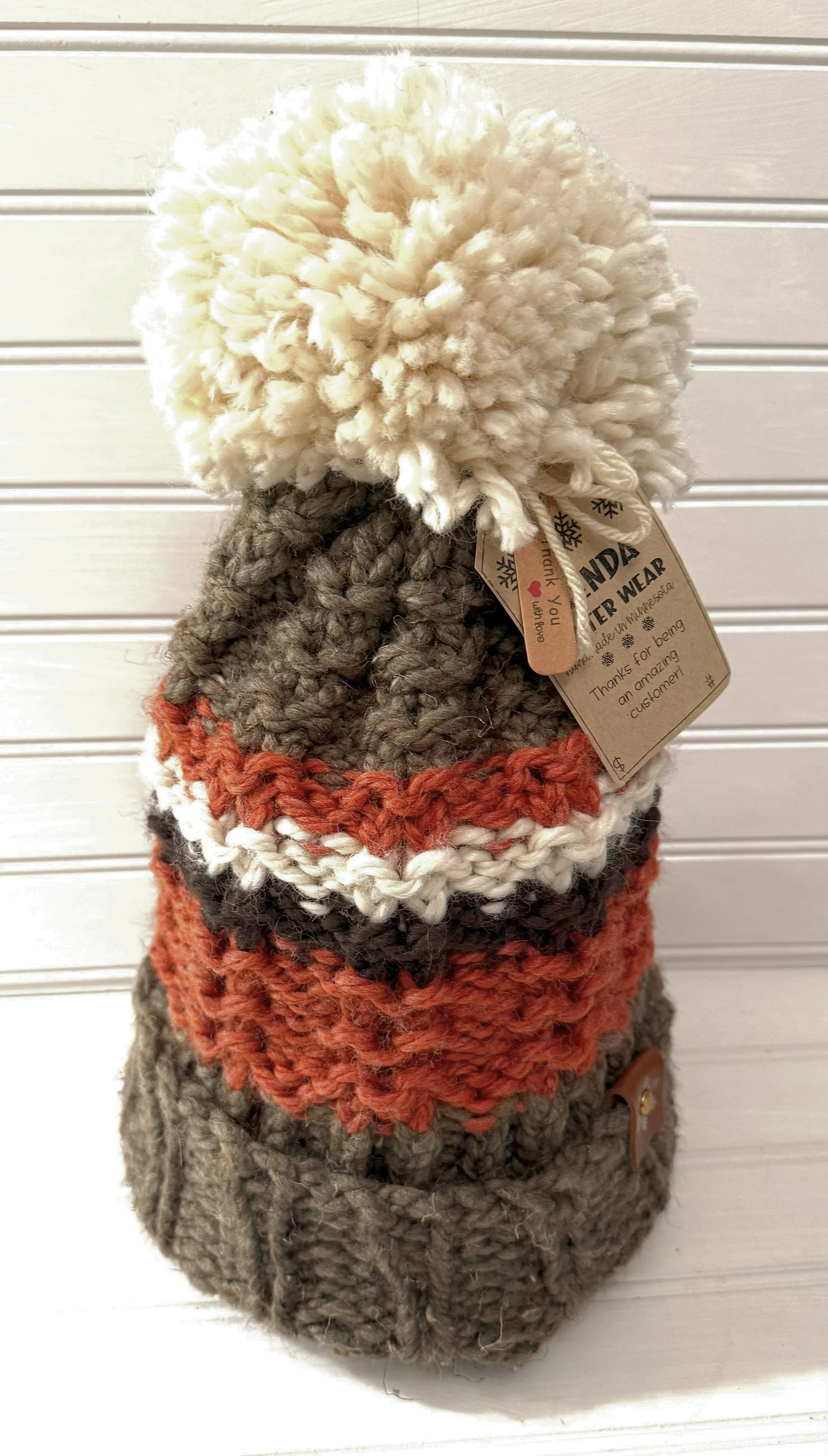 Coco Brown, Cream, and Coral Striped Beanie with Pom-Pom Handmade