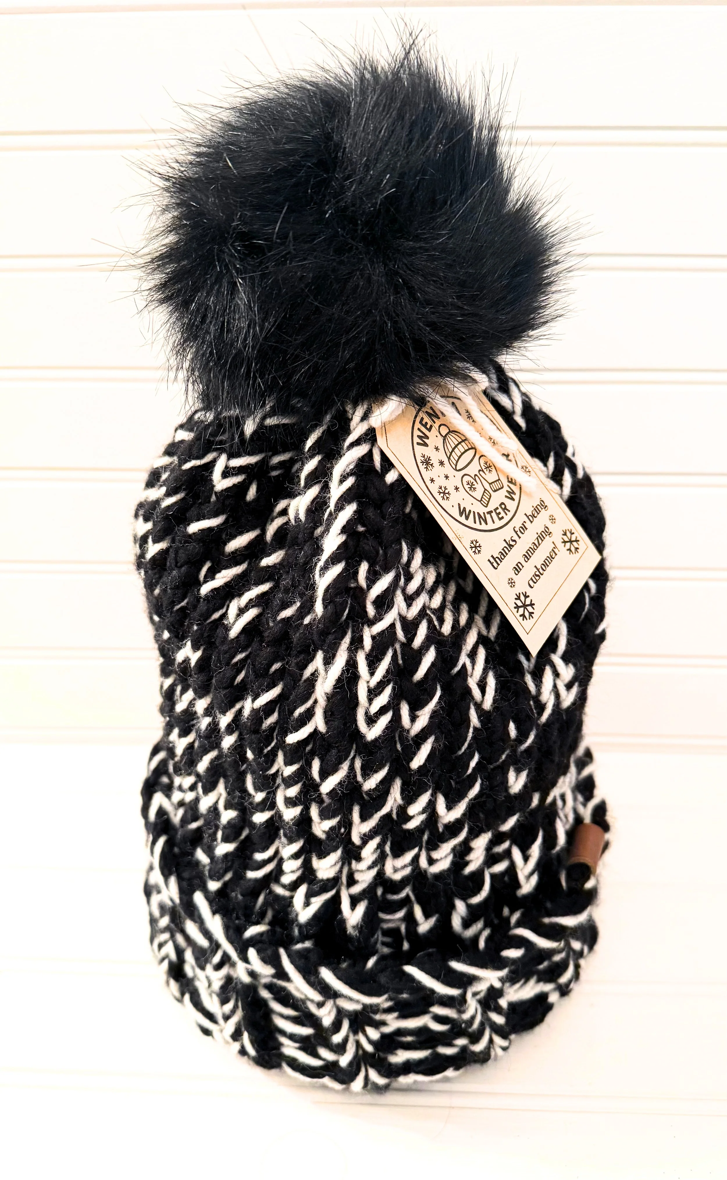 Thick Black and Cream Beanie with Black Faux Fur Pom-Pom Handmade