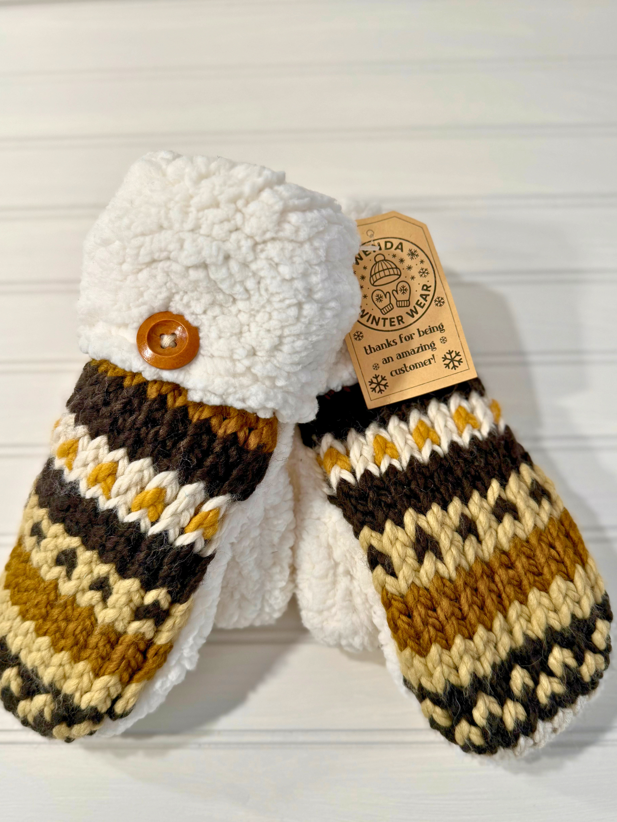 Handmade Knitted Mittens: Brown and Gold Tones