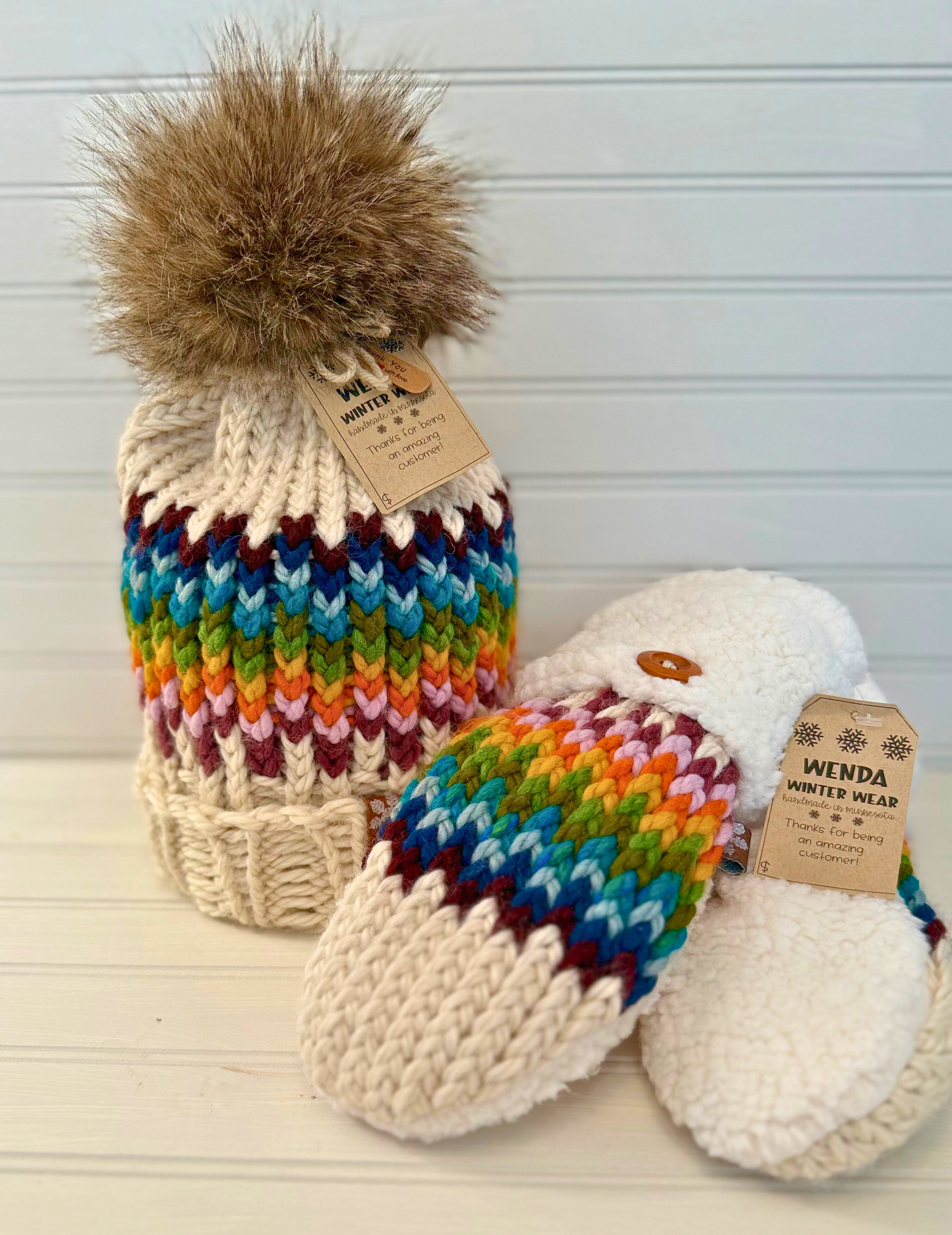 Handmade Hat & Mitten Set: Multi-Colored Pattern