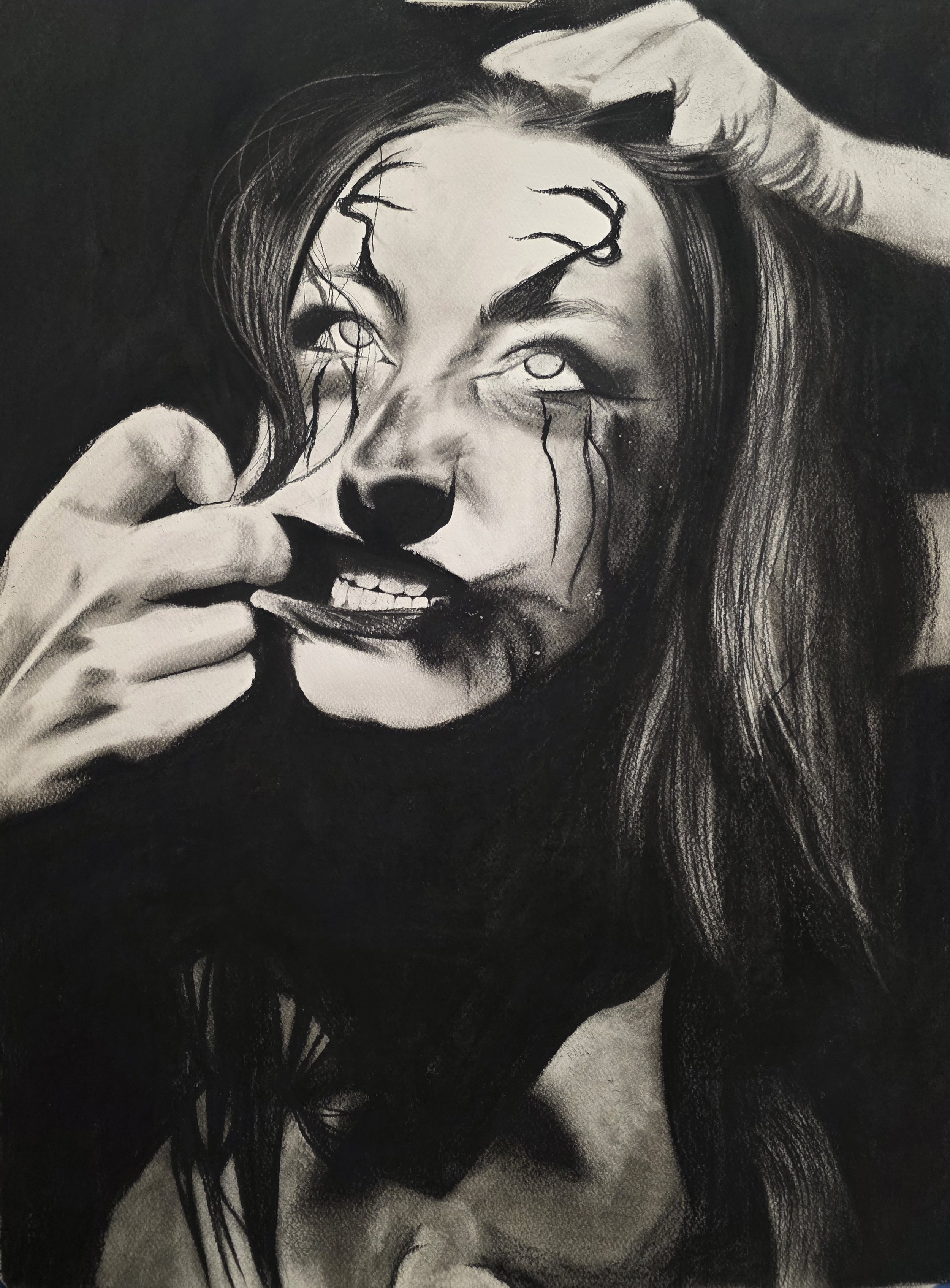 Hinder, 22” x 30”, Charcoal on BFK Rives Printmaking Paper