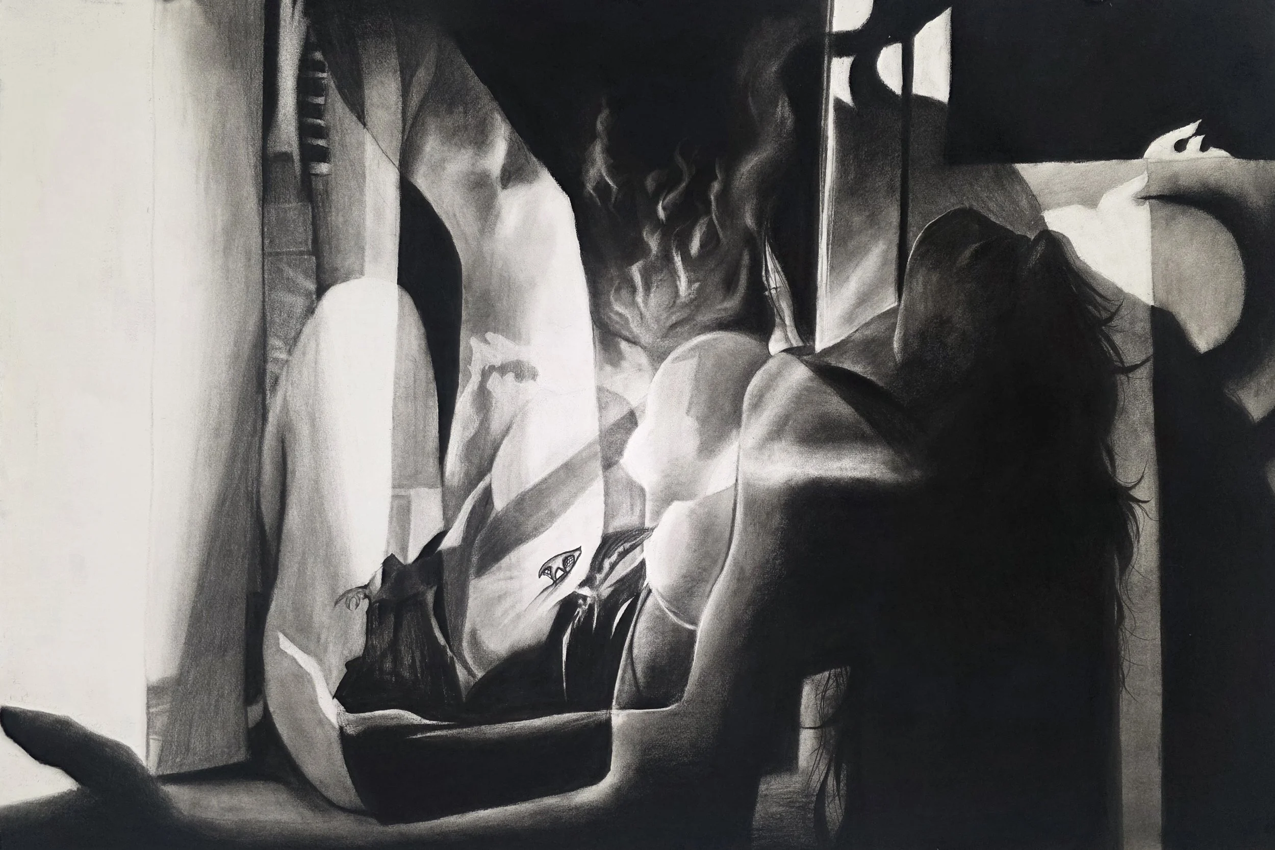 Sprawling Light, 30in x 44in, Charcoal on BFK Rives Printmaking Paper