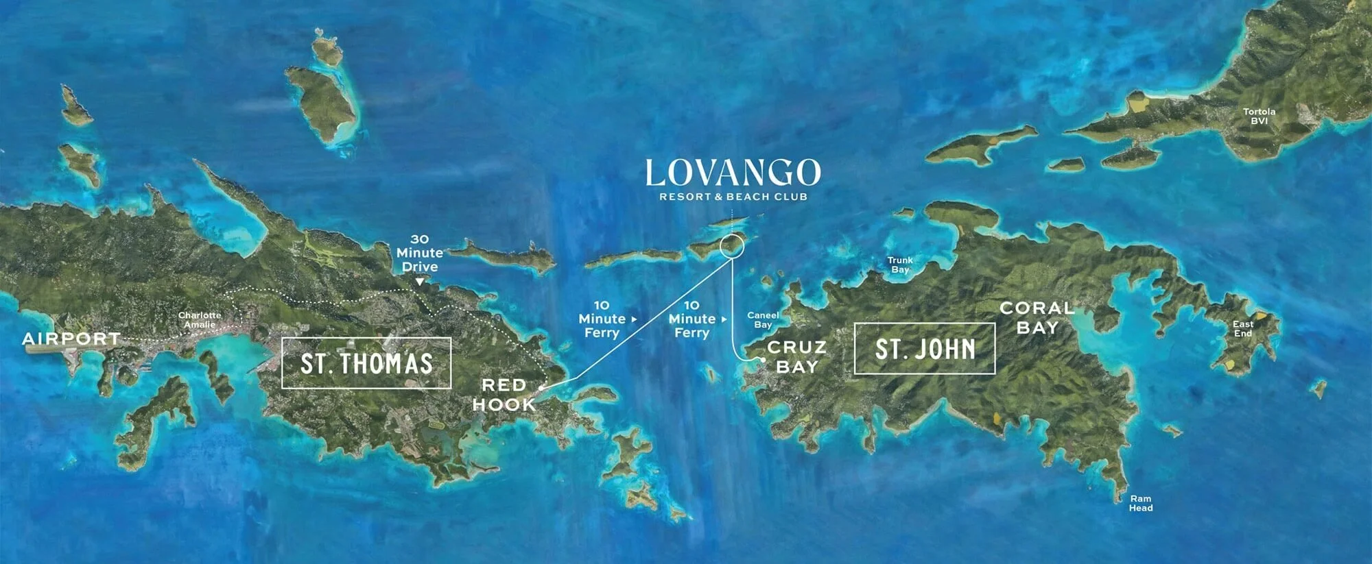 Map showing the different islands and bays around St. Thomas and St. John in the Virgin Islands, highlighting travel routes with ferry distance times, and locations including the airport, Charlotte Amalie, Red Hook, Cruz Bay, Coral Bay, and various beaches and points of interest.