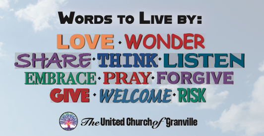 words to live by banner, love, wonder, think, listen, pray, forgive, welcome, risk