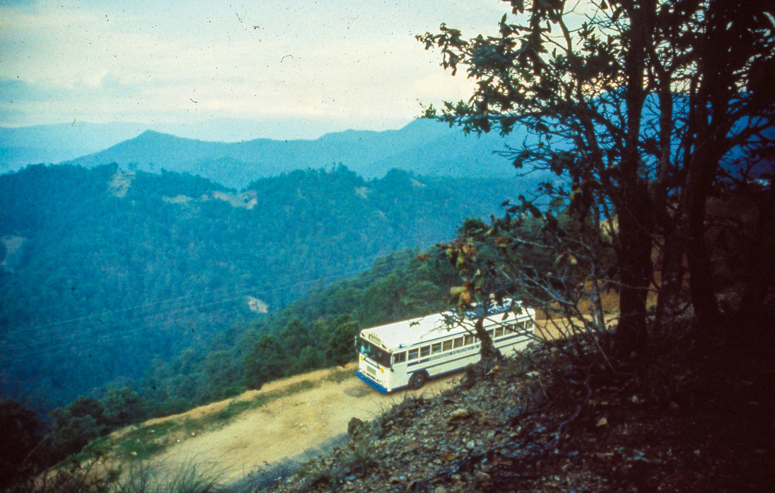 white bus as a gift to Universidad Polytechnical Managua Nicaragua Driving along narrow roads in Mexico on the way
