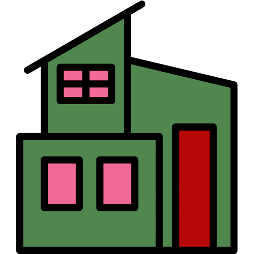 Stylized illustration of a cityscape with green buildings, pink windows, and a red door.