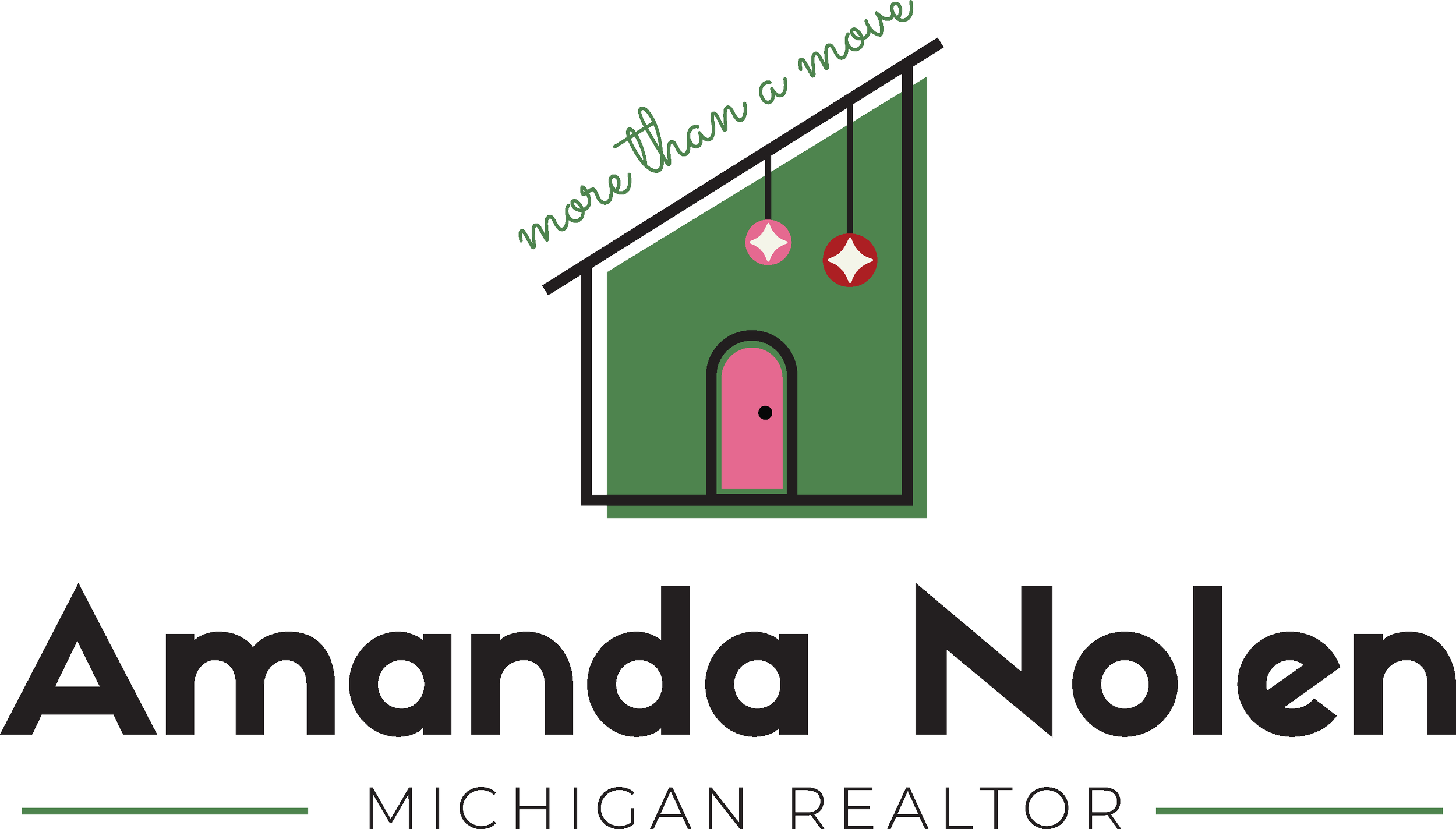 Logo featuring a green house with a pink door and two hanging ornaments, one pink and one red, above it. The phrase "more than a move" is written diagonally at the top. Text below reads "Amanda Nolen" in large letters and "Michigan Realtor" in smaller letters underneath.