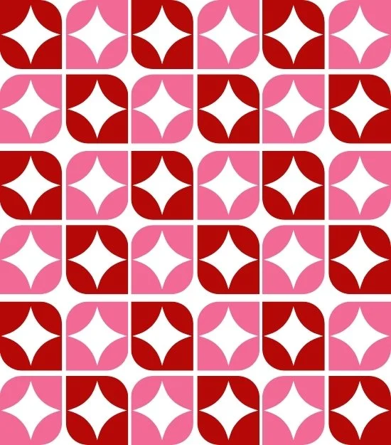 A colorful geometric pattern made of squares with rounded corners, featuring alternating red and pink backgrounds with white star-like shapes in the center.