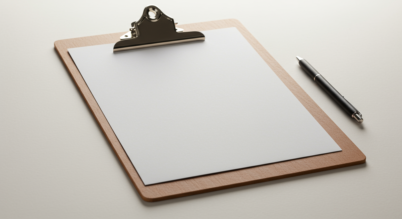 A clipboard with a blank sheet of paper and a black pen on a white surface.