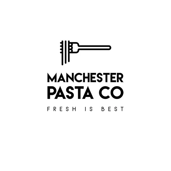 Logo for Manchester Pasta Co with a minimalist black and white design, featuring a pasta fork graphic, the company name, and the slogan 'Fresh is Best'.