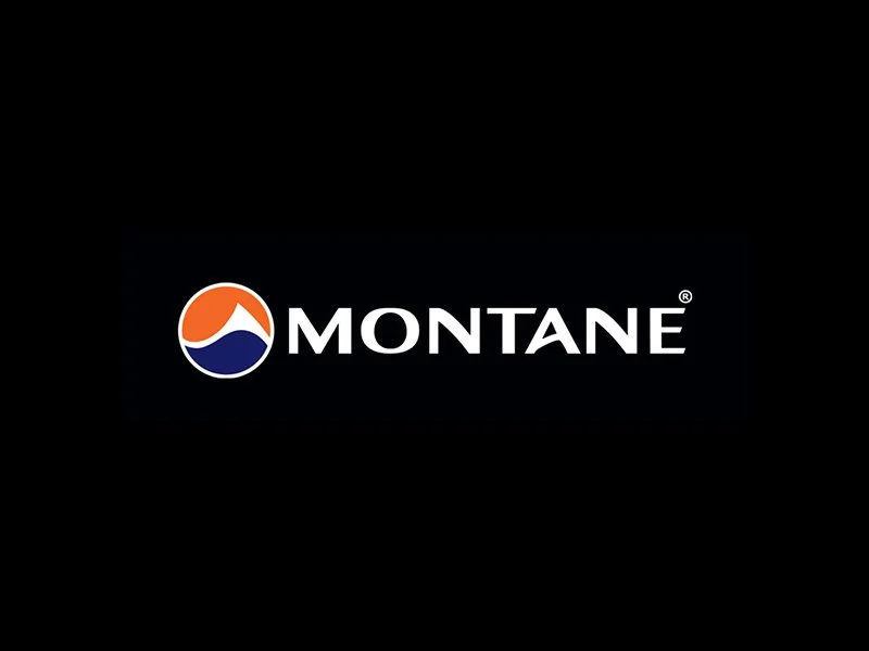 Montane logo with mountain icon in orange, white, and blue on a black background.