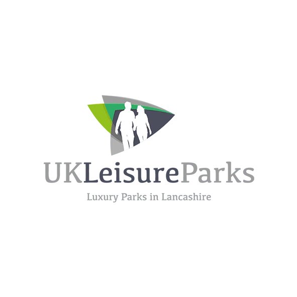 Logo for UK Leisure Parks featuring two white silhouettes of people walking, with green, blue, and gray shapes, and text 'UK Leisure Parks' with a subtitle 'Luxury Parks in Lancashire'.