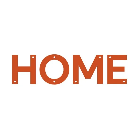 The word 'HOME' written in orange letters with holes for screws, on a white background.