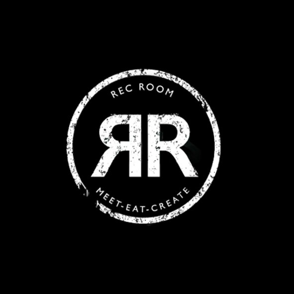 Circle logo with the text 'Rec Room' at the top and 'Meet-Eat-Create' at the bottom, featuring two large 'R' letters in the center, all in white on a black background.
