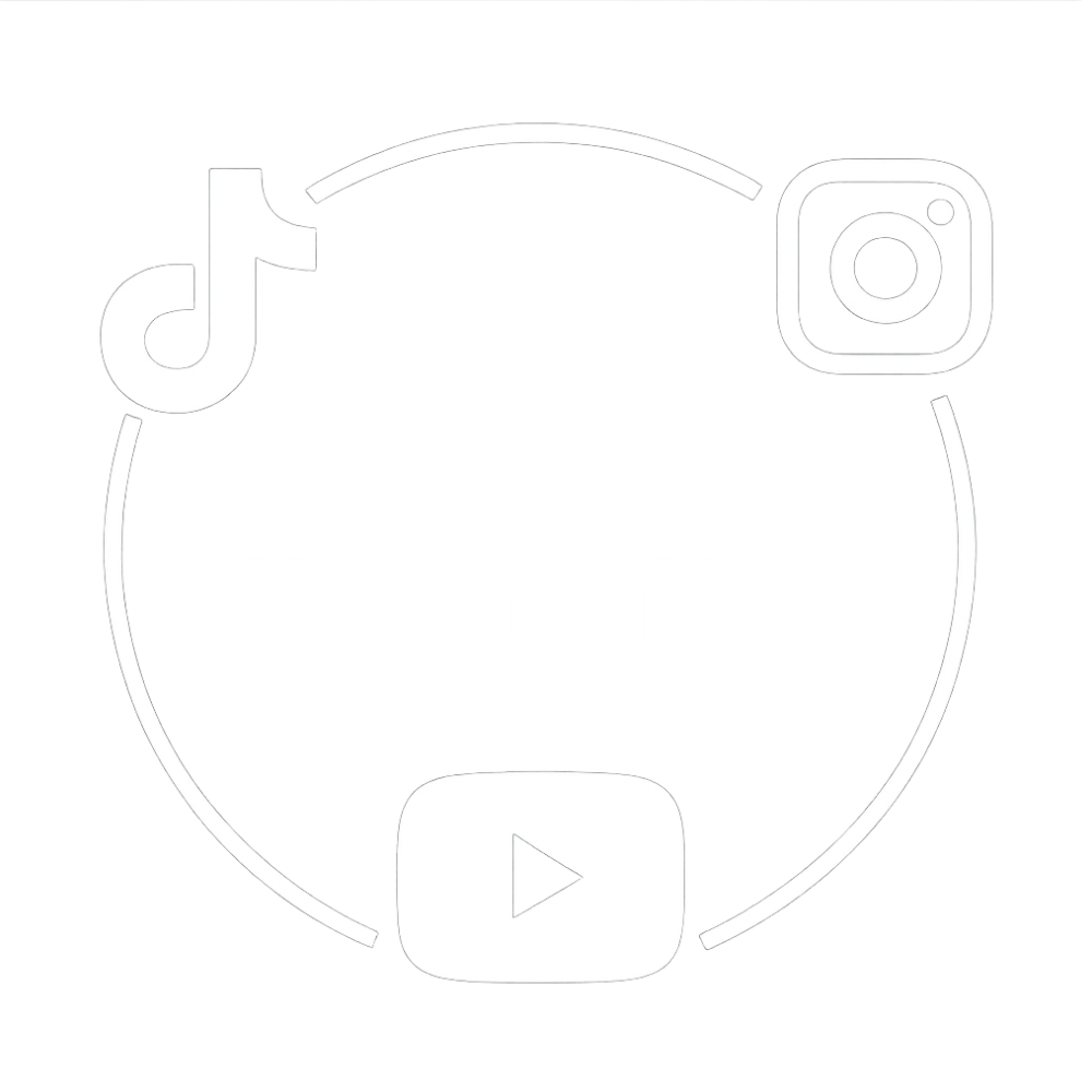 Graphic design with social media icons for TikTok, Instagram, YouTube, and a play button arranged around the text 'EVOLV TALENT' on a black background.