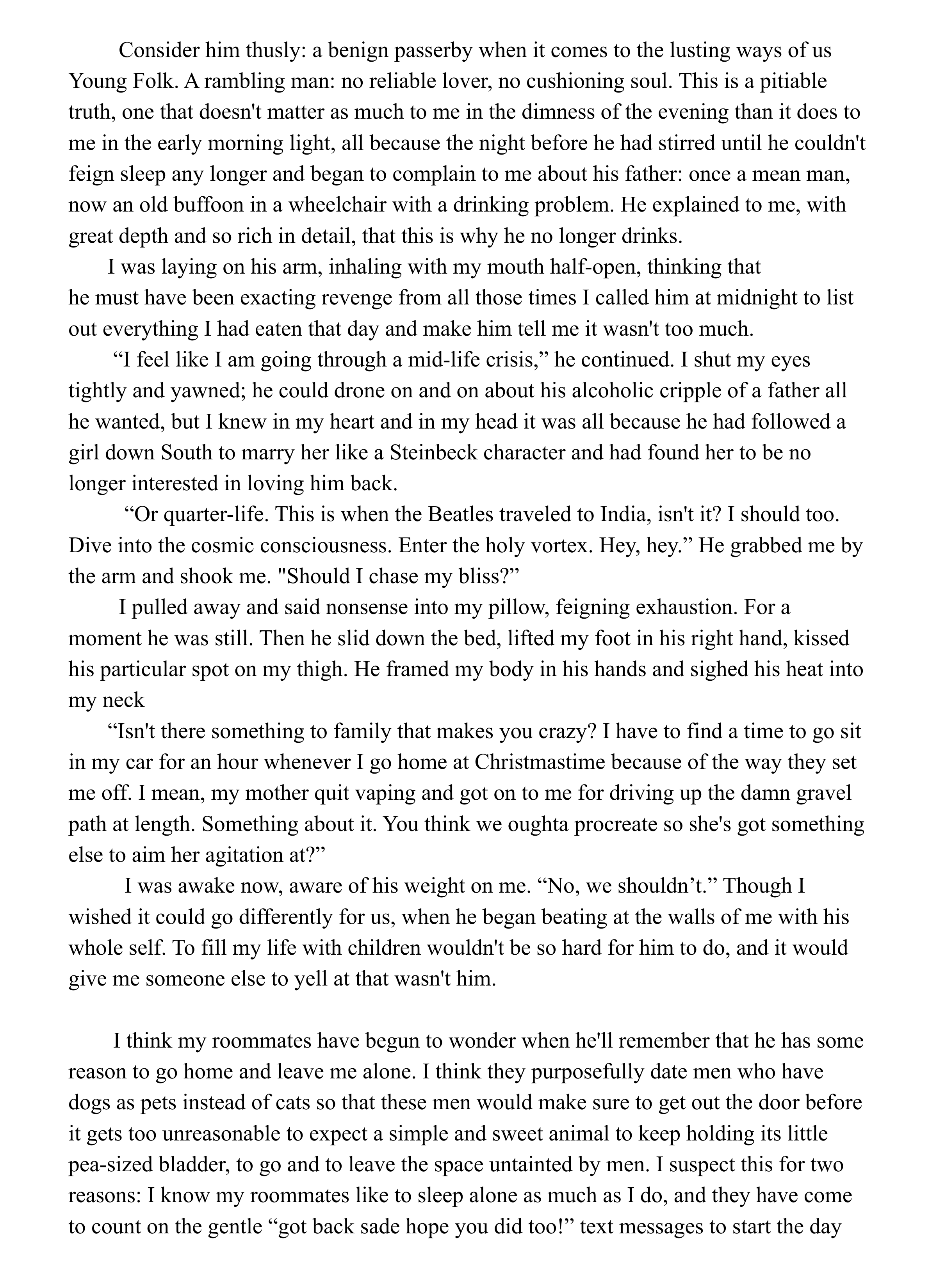 A page of printed text, possibly from a book or essay, discussing personal thoughts and reflections about love, life crises, dreams, and relationships.
