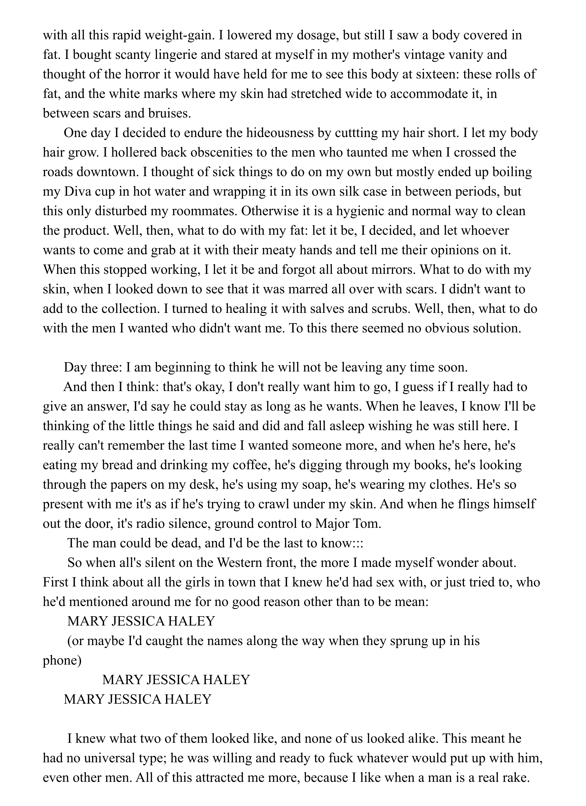 A page from a book or a story, discussing body image, personal experiences, and thoughts about love and relationships.