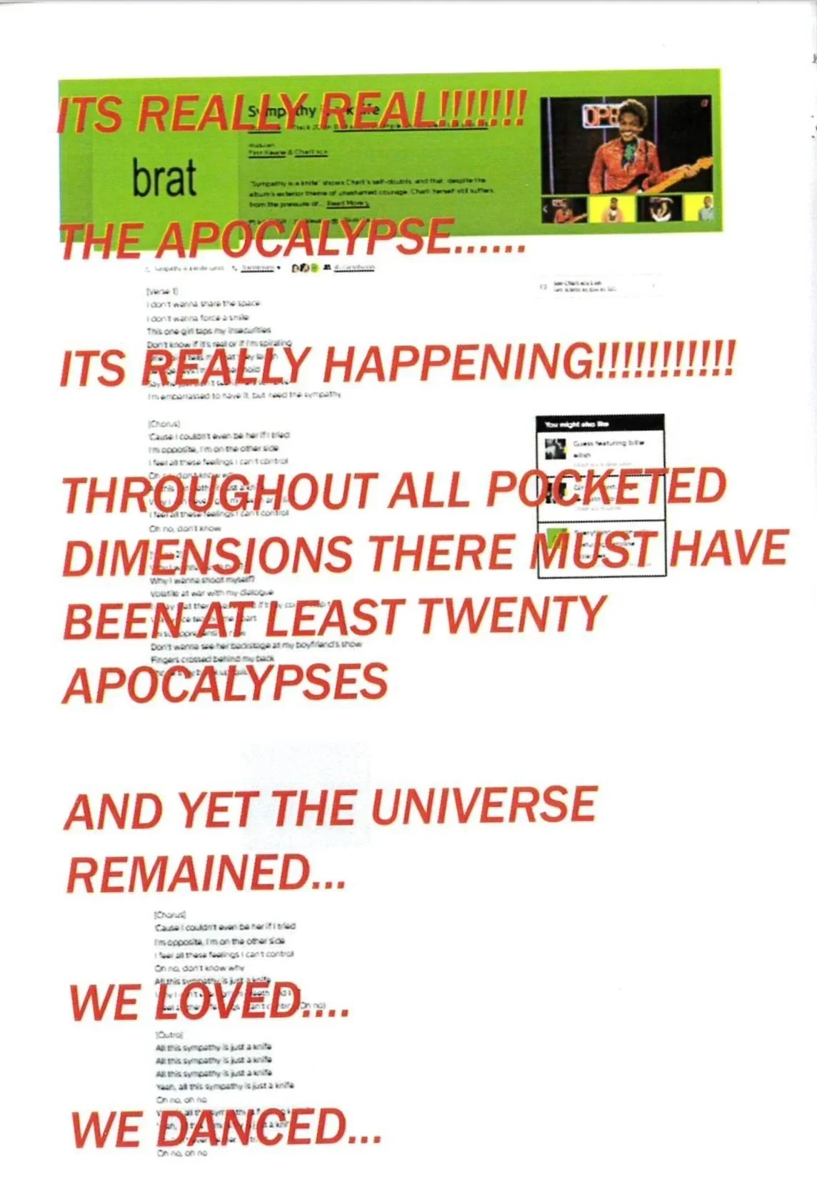 Red text overlaying a screenshot of a social media post, with a green banner at the top and a small photo of a woman playing a guitar in the upper right corner. The overlay text reads: "ITS REALLY REAL!!!!!!! THE APOCALYPSE....... ITS REALLY HAPPENIN