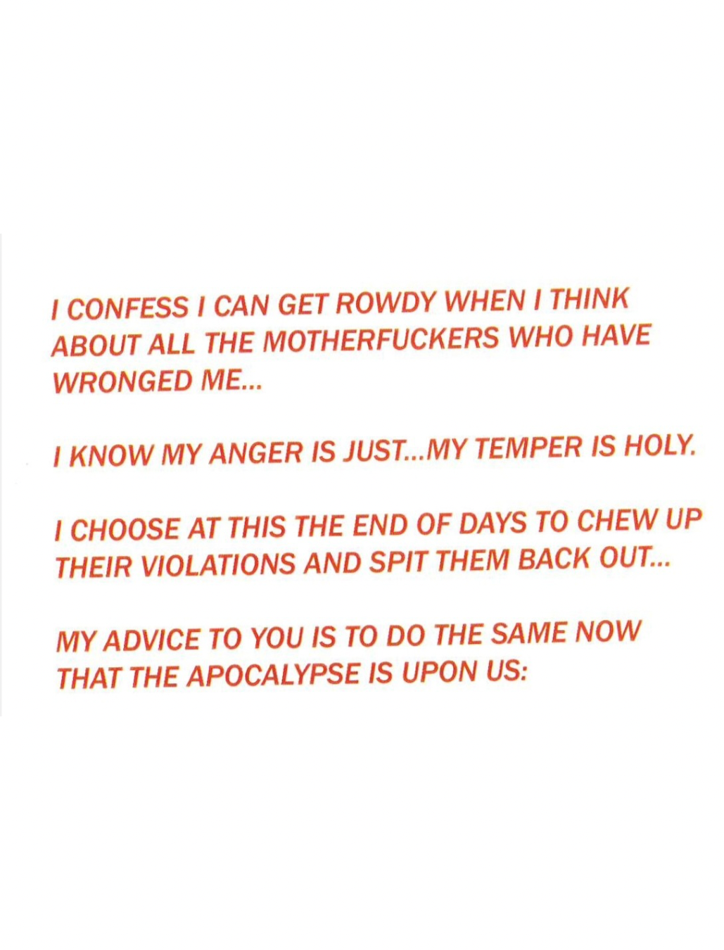 Quote about anger, revenge, and preparing for the apocalypse in red text.