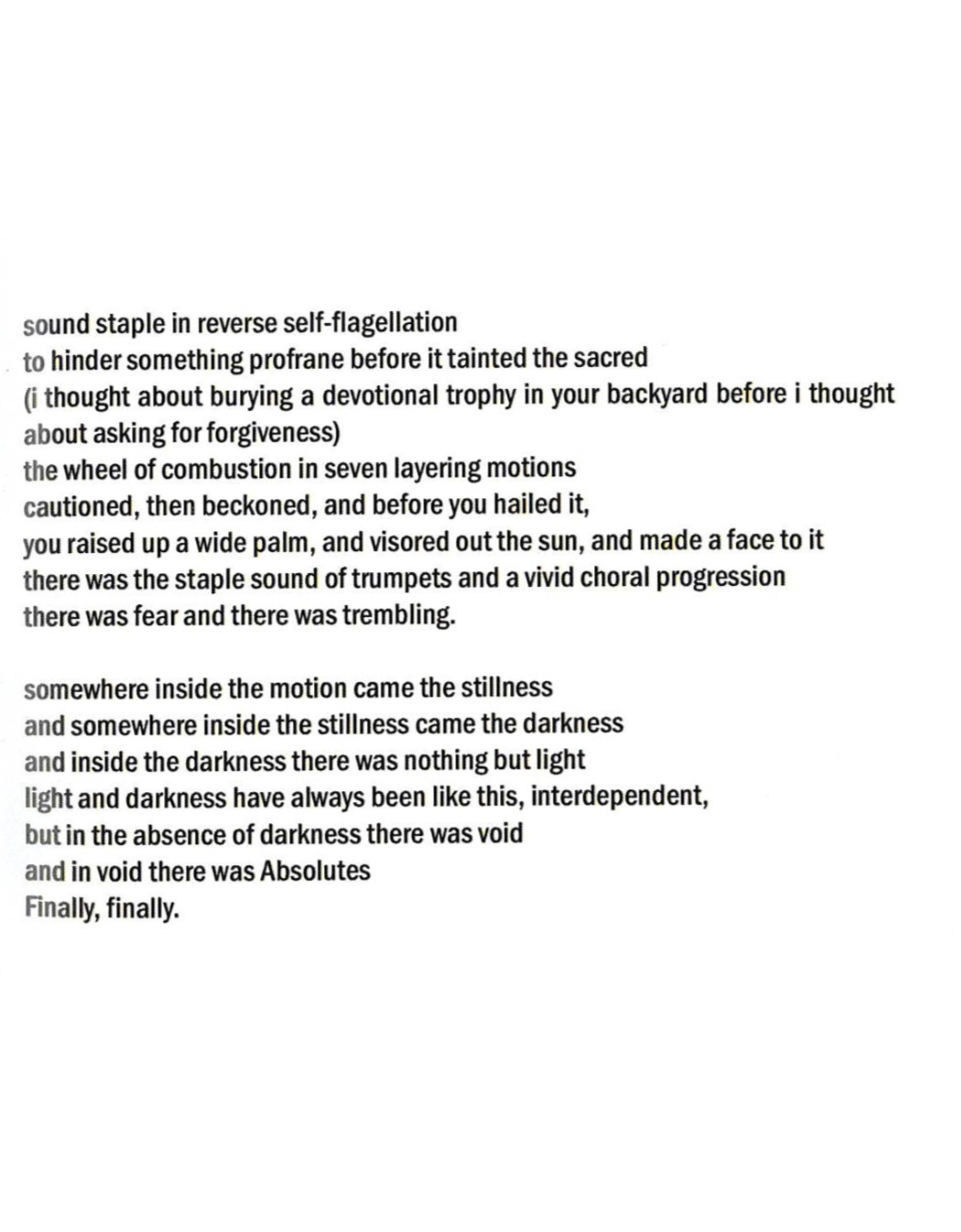 Typed poem or artistic writing with lines about sound, stillness, darkness, light, and void.
